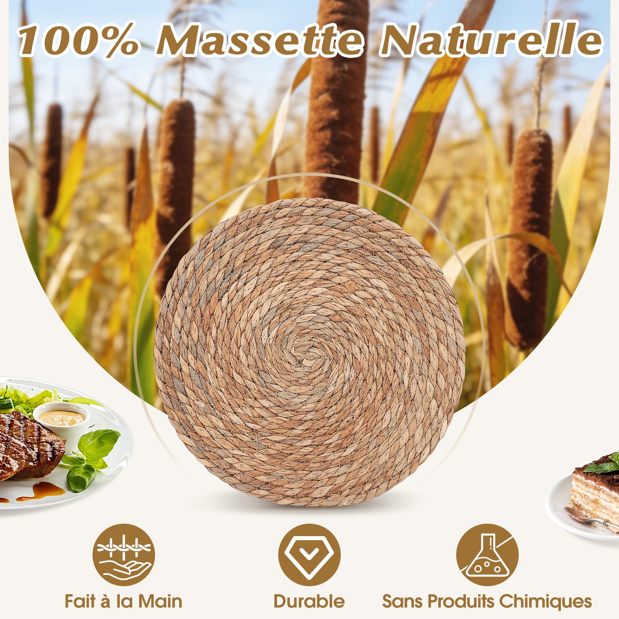 12PCS Sets de Table Ronds Tressés, 30cm Napperon Style Boho Antidérapant | Sets de Table Résistant à la Chaleur, Sous-Verres Tissé, Tapis de Table de Cuisine et Comptoir, Repas en Famille, Vacances