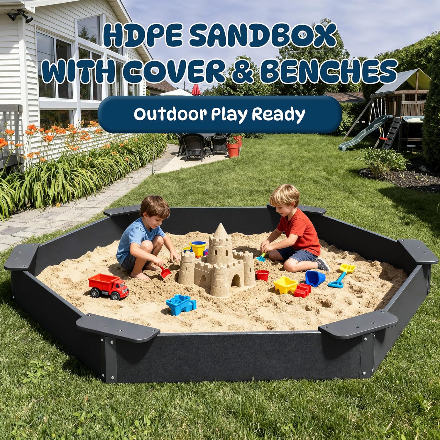 FOOWIN Hexagonal Outdoor Sandbox with Cover for Kids, HDPE Large Sandpit w/6 Benches, for Aged 3-12 Years Old, Sand Box for Children, Bottom Liner,Black