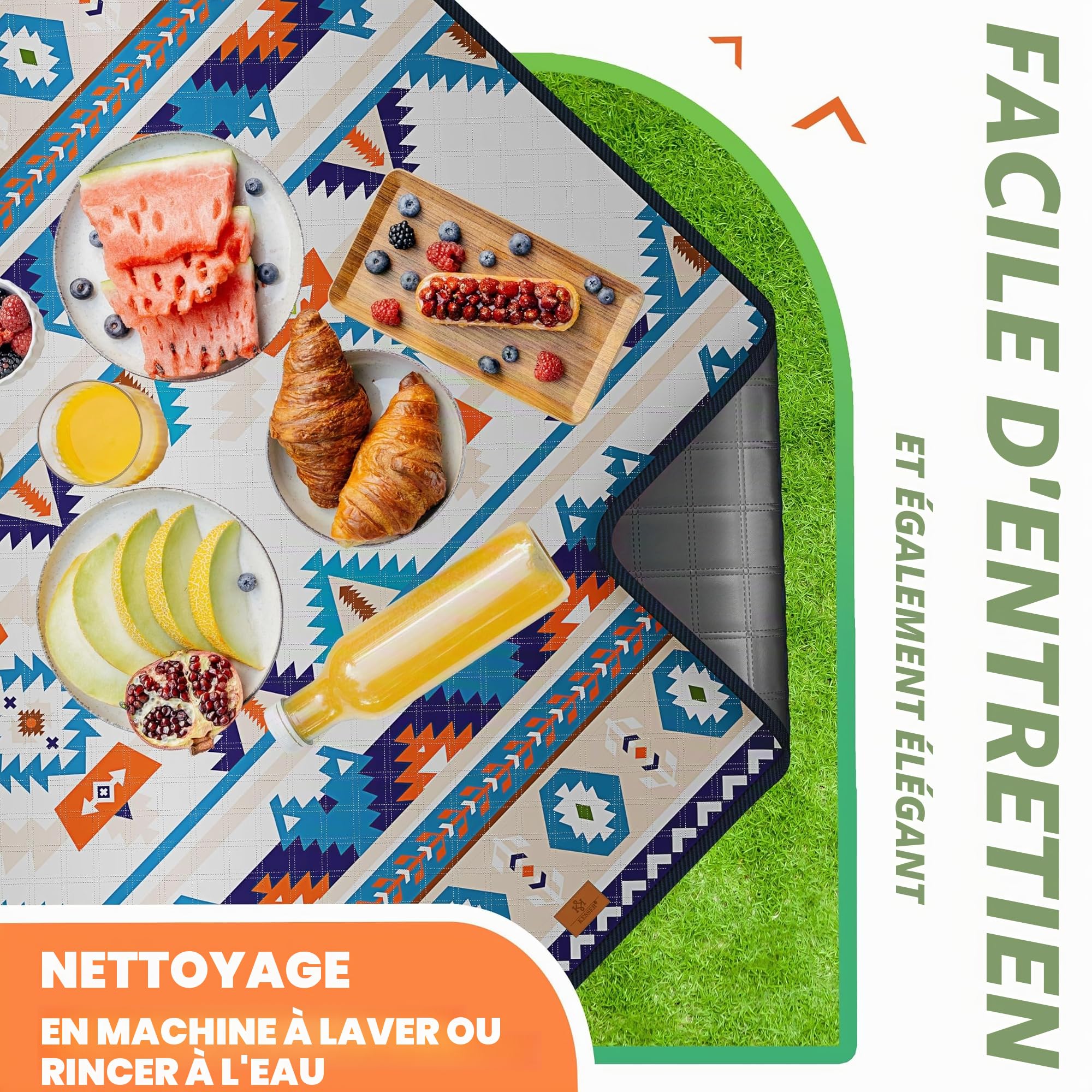 KESSER Couverture de pique-nique, de camping, de plage, 200 x 200 cm, avec dessous imperméable, 3 couches, confortable, avec poignée de transport, pour la plage et le camping, grande couverture