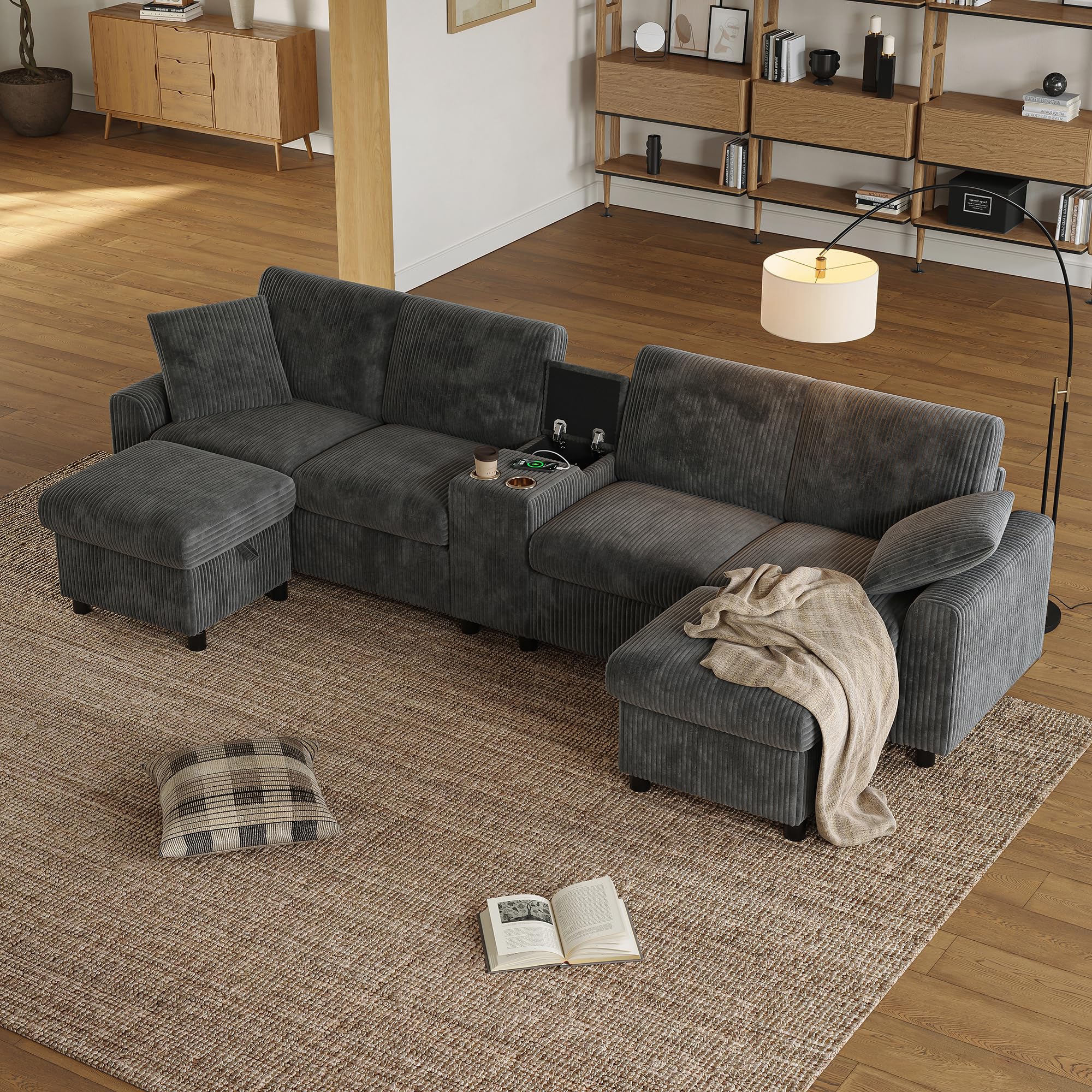 LAKFEW Sofa de 4 Plazas en U con USB C y 2 Reposapiés de Almacenaje, Sofas de Salon 4 Plazas con 2 Portavasos y 2 Cojines, Sofa Modular Rinconera, Couch, Pana, 315x135x81 cm, Gris