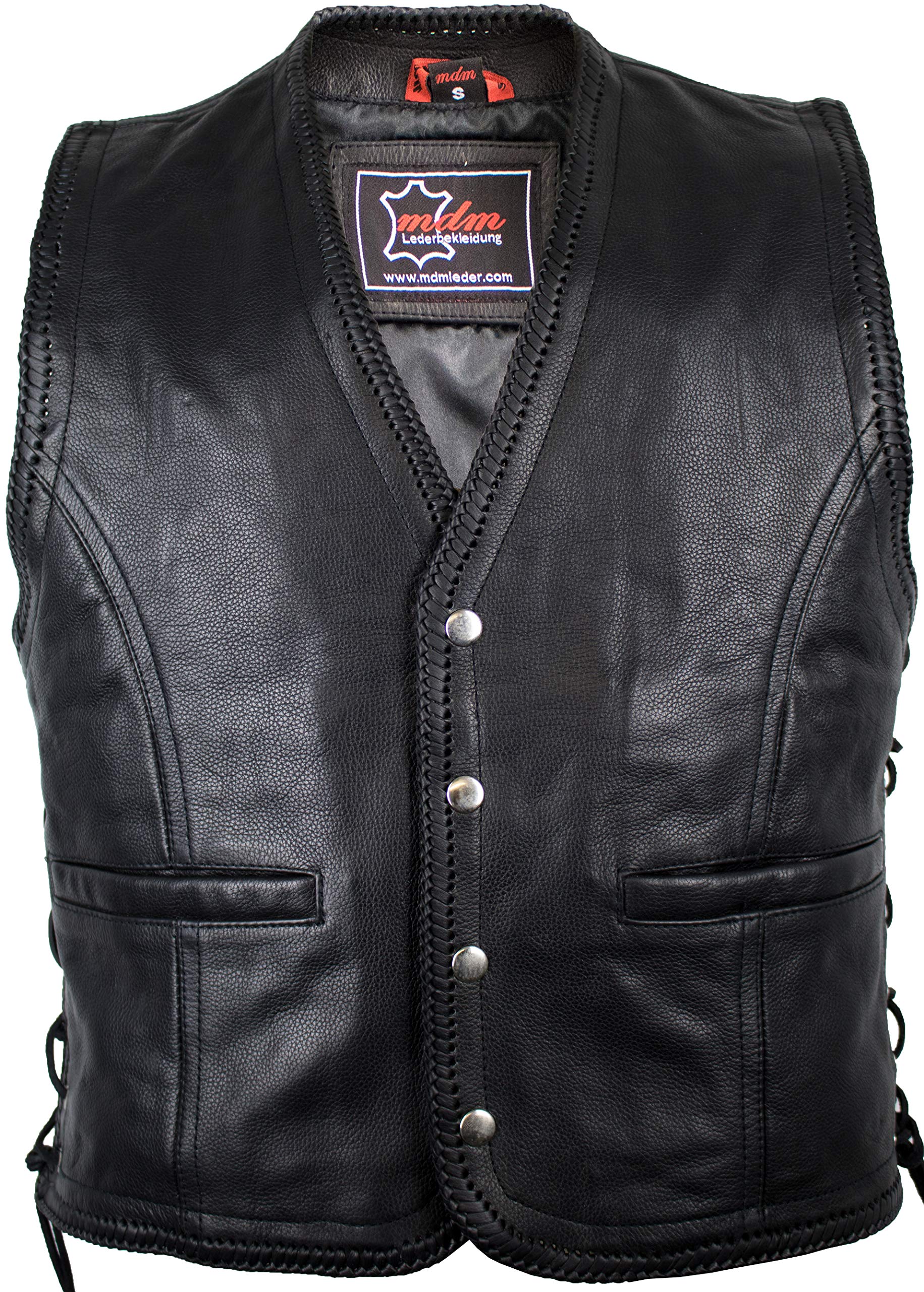 MDM Chaleco de cuero para hombre estilo motero, Piel de vacuno auténtica, negro, botones a presión, cordones trenzados, forro de poliéster