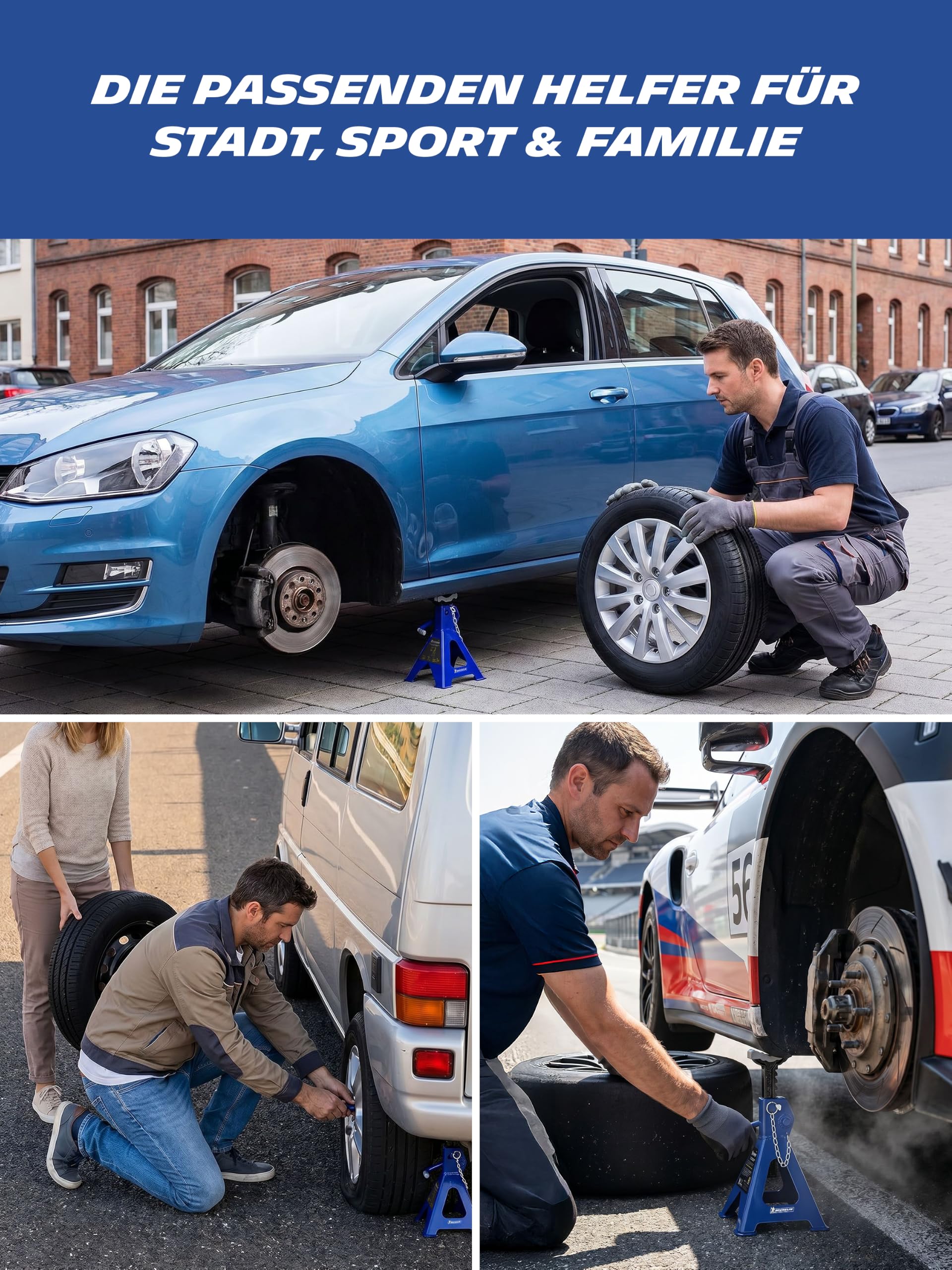 MICHELIN Unterstellbock 2er Set 2t Traglast höhenverstellbar Auto SUV Wagenheberbock Stützbock mit Zahnstange Sicherung stabile Stahlkonstruktion Werkstattqualität | Auto SUV Wagenheberbock Stützbock mit Zahnstange Sicherung stabile Stahlkonstruktion Werk
