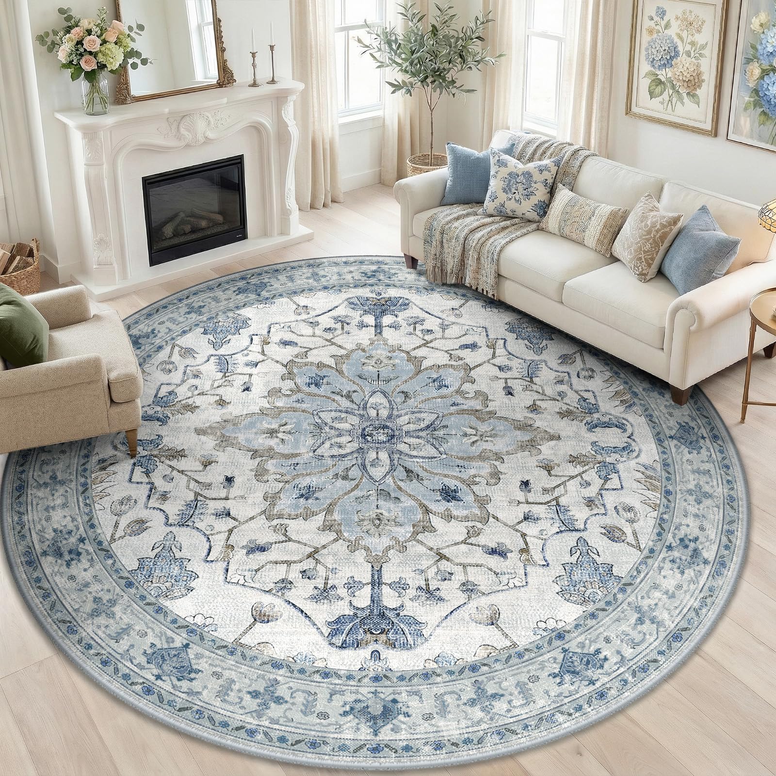RELEANY Area Rugs 8ft Washable Non-Slip, Floral Vintage Distress Print Pattern Medallion Carpet for Living Room Bedroom Dining Room, Light Blue Navy