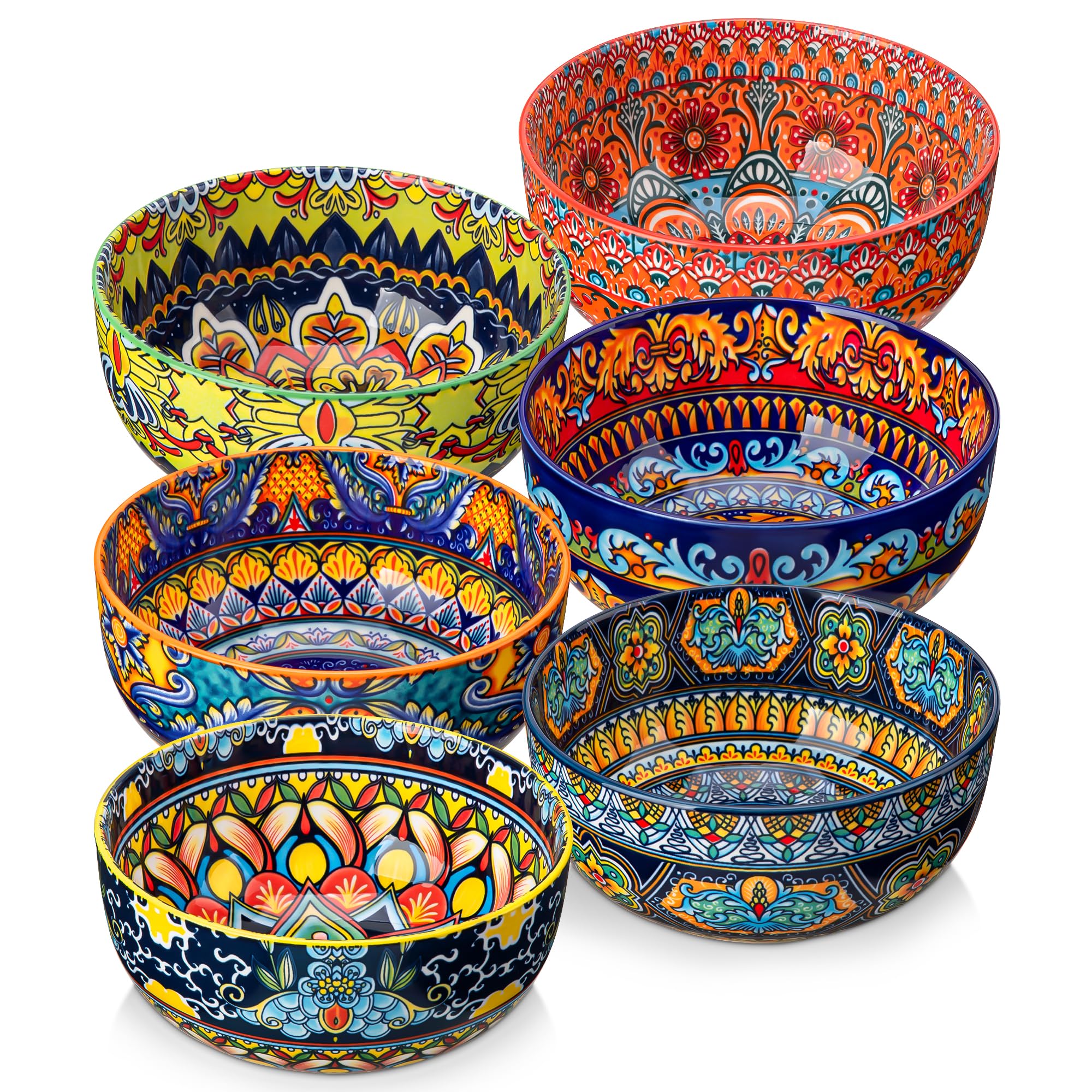 vancasso KRVI Cereal Bowls Set of 6, 840ml Large Ceramic Bowls for Breakfast, Soup, Pasta & Salad, Colourful Boho Dinnerware