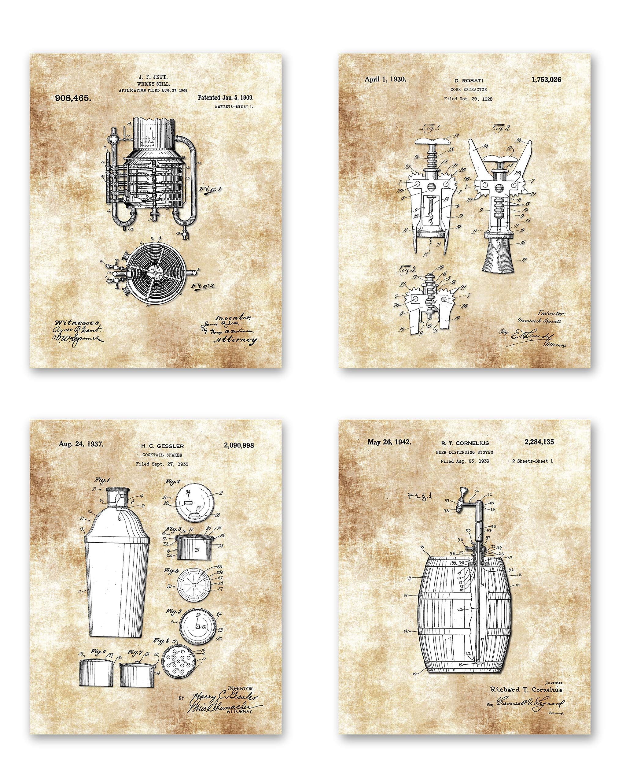 Original Bar Drawings - Wall Decor - Pub Artwork - Set of 4 8 x 10 Unframed Patent Prints - Gift for Brewers- Brewery Wall Decor - Corkscrew