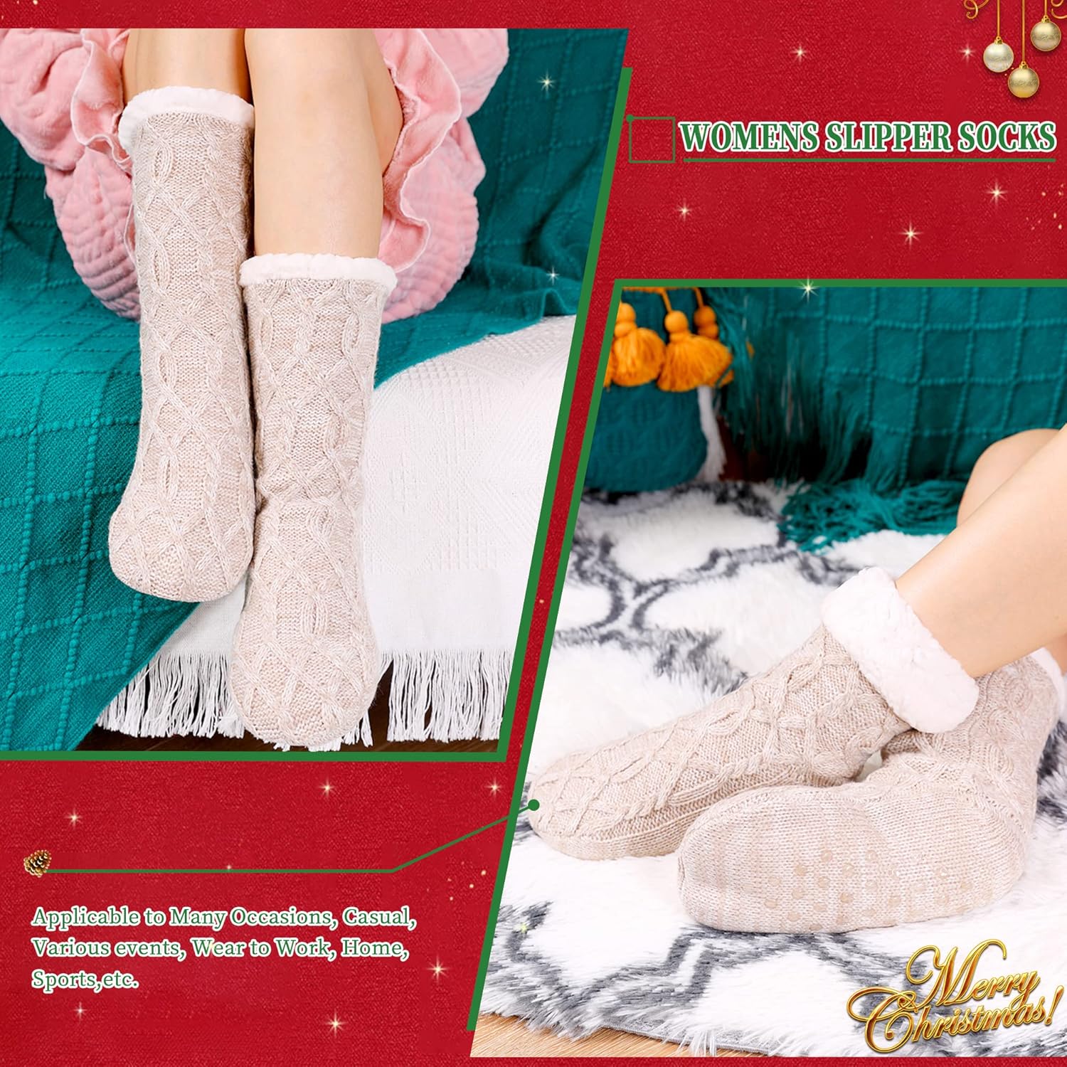 Women Winter Socks Knit Anti-Slip Sweat Warm Cute Cartoon Animals Fuzzy Home Slipper Socks Beige