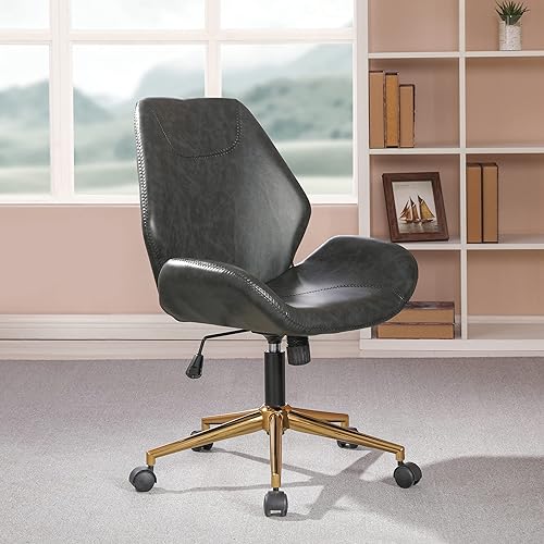 Miniatura 2 de OSP Home Furnishings Reseda Scoop - Silla de oficina ajustable con acabado dorado, base de 5 estrellas, piel sintética negra