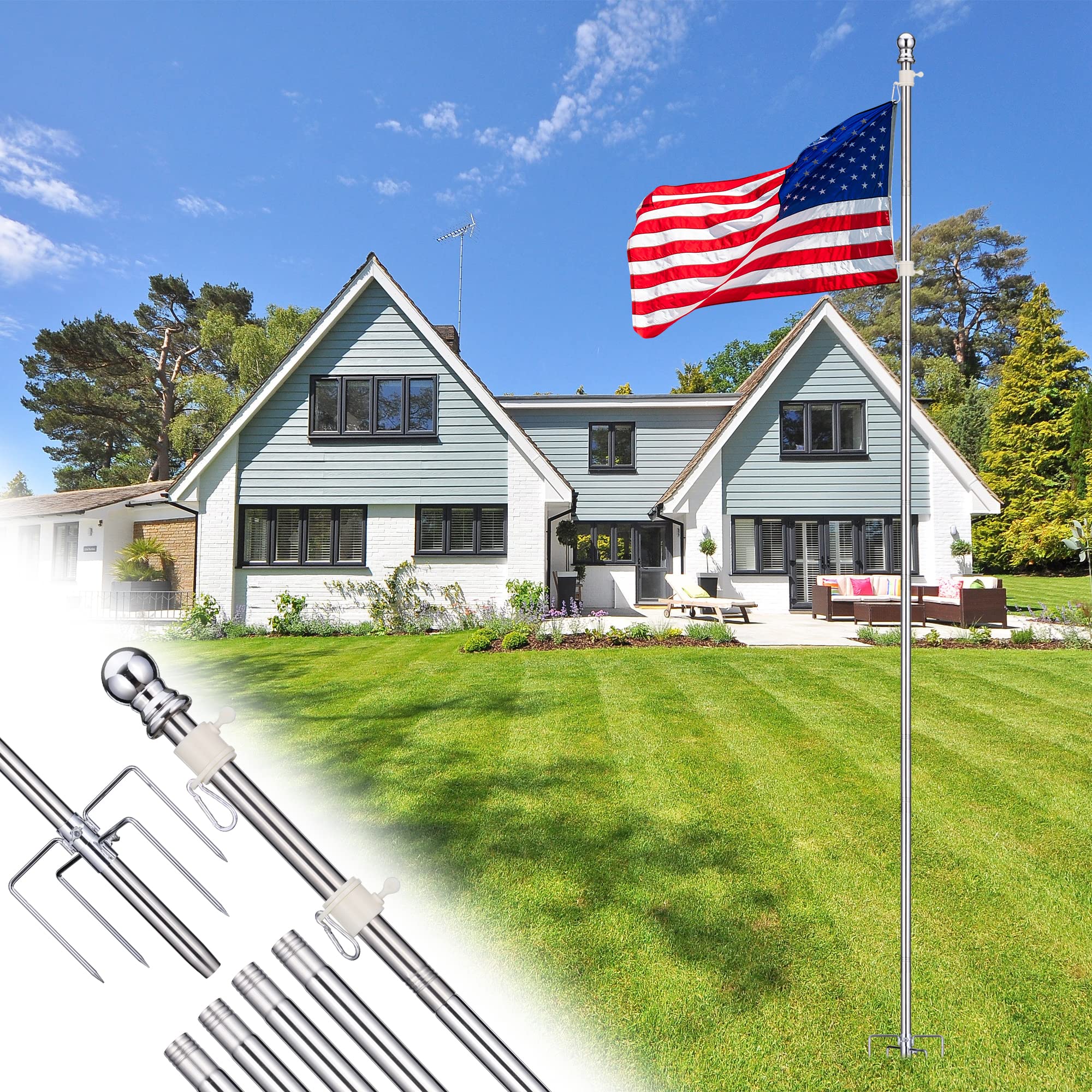 Amazon.com : Flag Poles for Outside in Ground, 5 FT Stainless Steel Tangle  Free Tailgate Flag Pole Kit, Heavy Duty Inground Flag Pole for House Yard  and Camping : Patio, Lawn & Garden