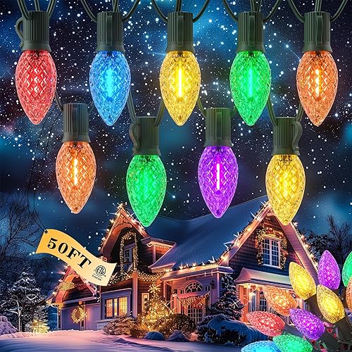 Kawaya Guirnalda de luces de Navidad para exteriores luces de árbol facetadas LED C9, 50 pies, 50 bombillas multicolor, luces de decoración de