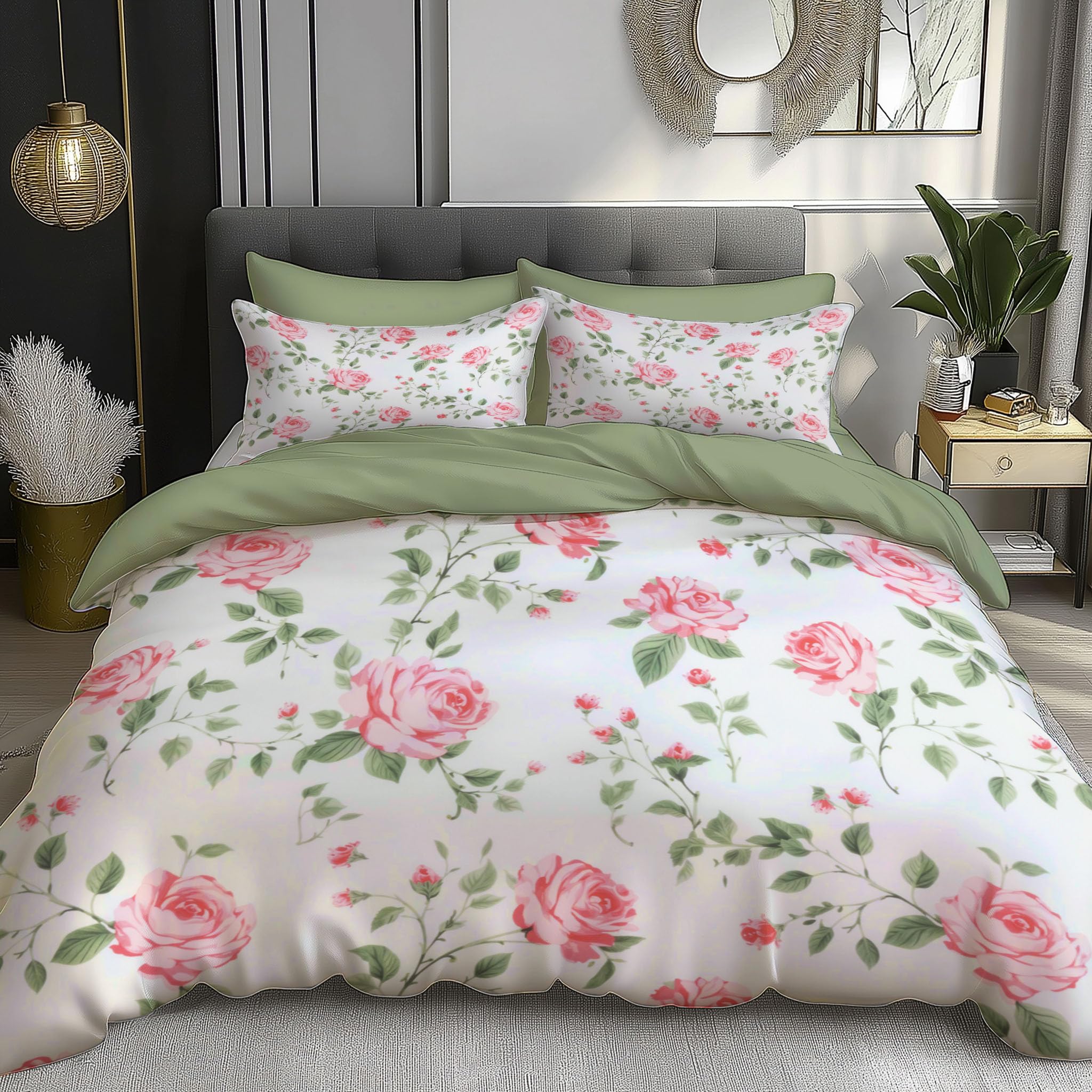 Housse de couette 220x240 fleurs roses et 2 taies d'oreiller