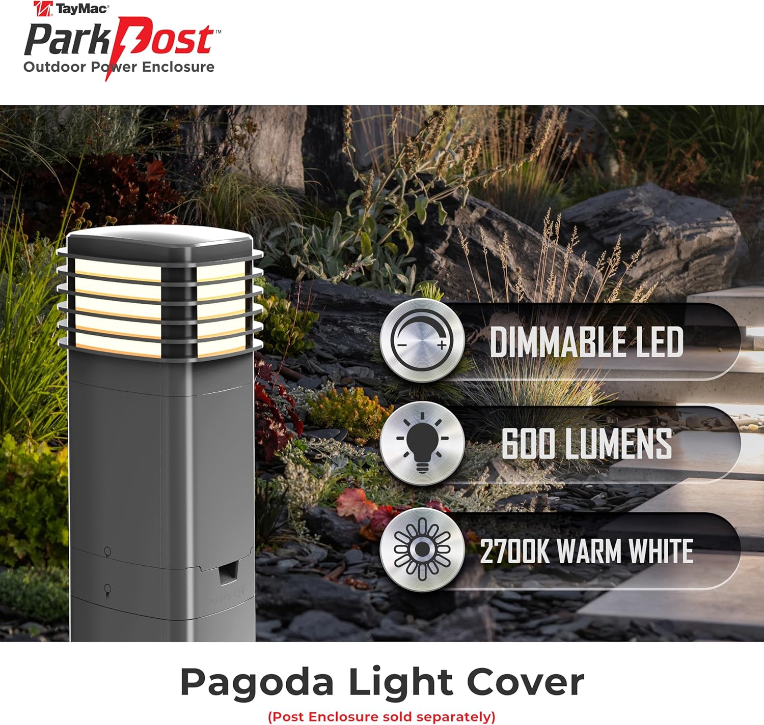 TayMac Gray Pagoda Light Slide Cover PPPLG for ParkPost Outdoor Power Enclosure (Required), 600-Lumen 2700K Polycarbonate Post Cap Light for Garden Decor, Seamless Pagoda Lighting Accessory