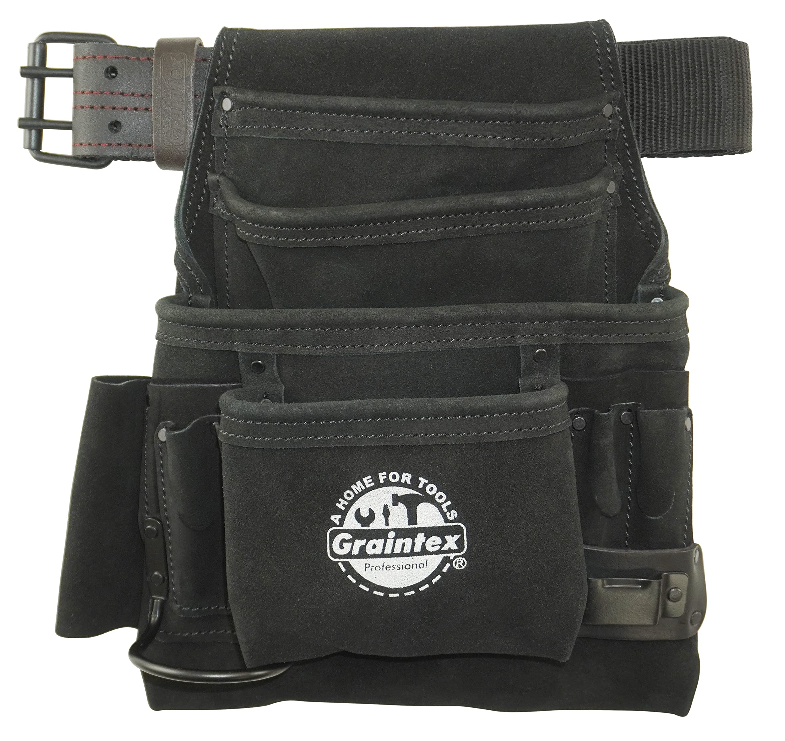 Graintex SS2680 - Bolsa de herramientas y clavos de 10 bolsillos, color negro, piel de ante de 2 pulgadas, cinturón de cincha para constructores, electricistas, fontaneros, manitas
