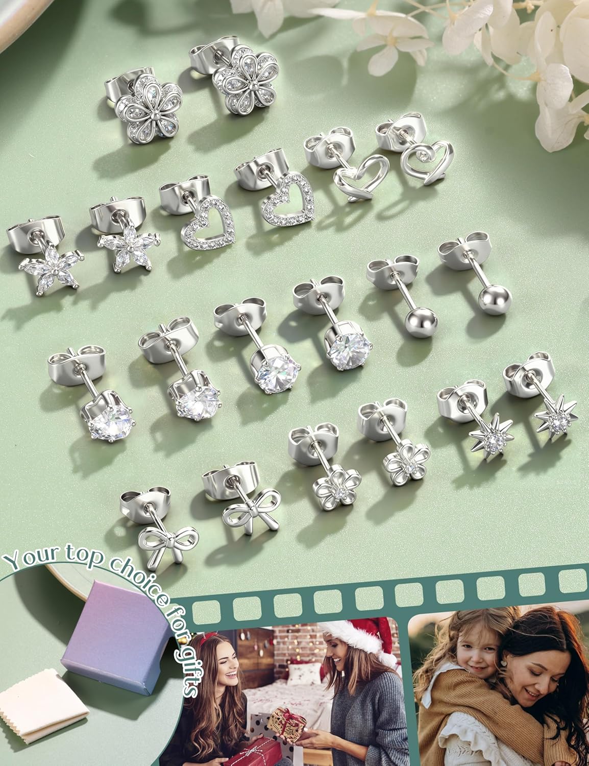 LOYALLOOK Gold Stud Earrings for Women Hypoallergenic - 14K Gold Plated Surgical Steel Earrings for Sensitive Ear Women Dainty Cute Heart Flower Bow Earrings Set Cubic Zirconia Earrings Studs - Image 6