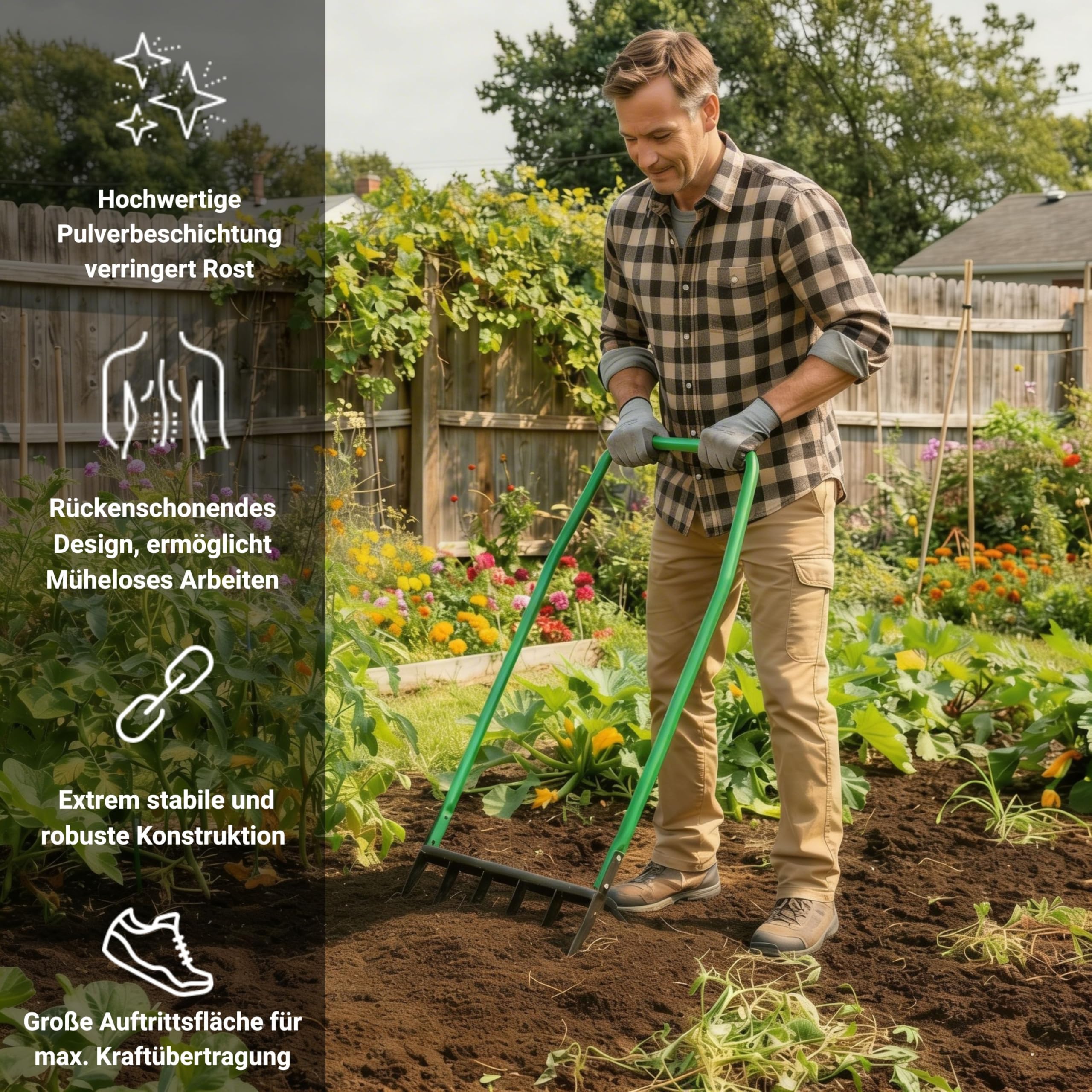 novaterra Horquilla prémium con 6 púas – Horquilla ergonómica Broadfork – aflojamiento del suelo que protege la espalda y cavar eficientemente – Tenedor de jardín robusto para macizos de flores