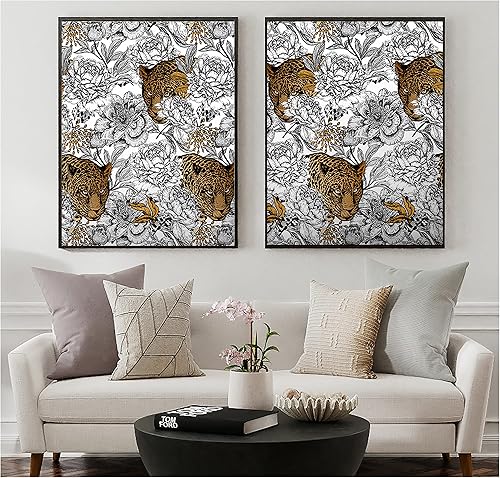 Miniatura 5 de Papel tapiz de leopardo para despegar y pegar, diseño floral floral de la selva, papel tapiz de vinilo blanco y negro, moderno, para decoración del
