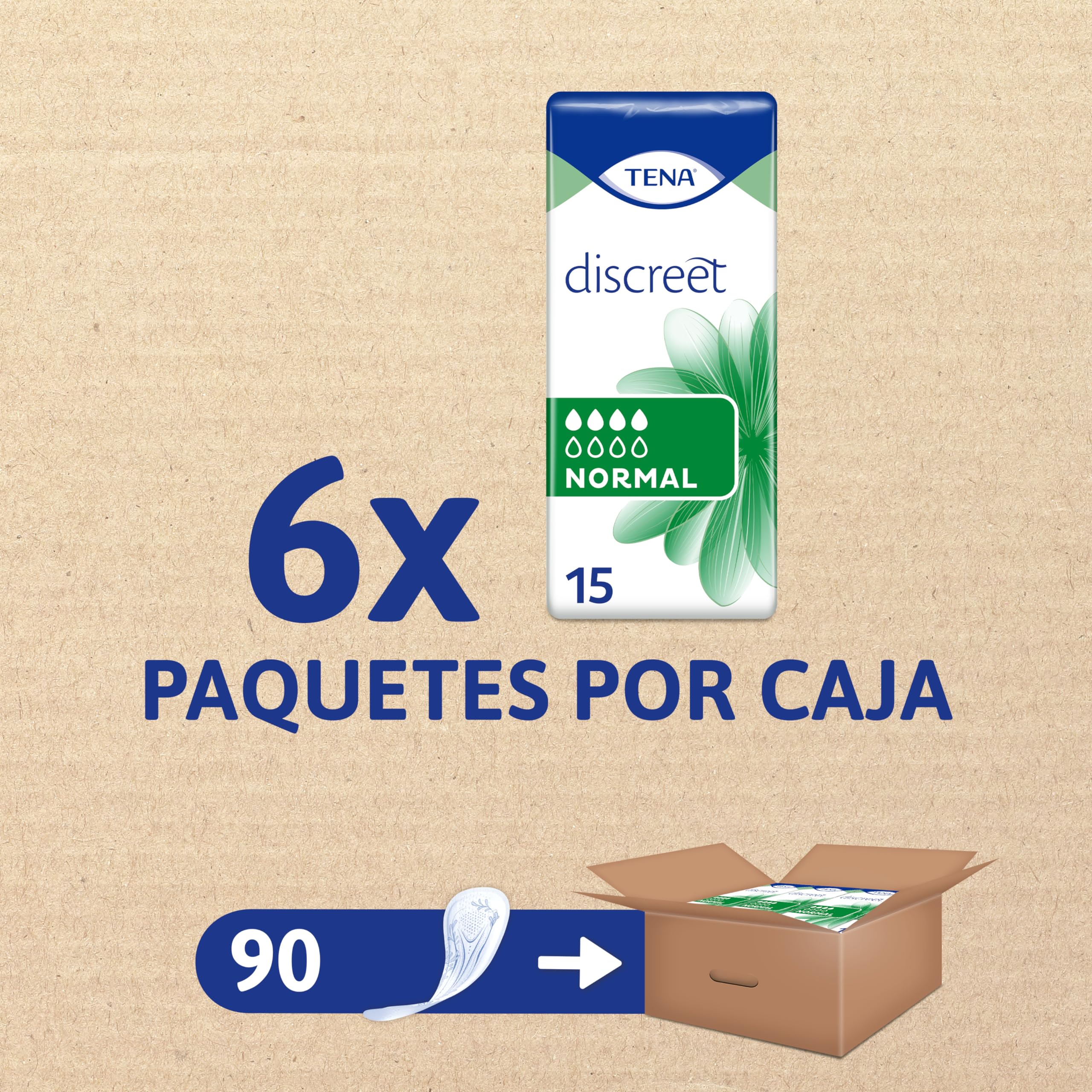 TENA Discreet Normal x90 - Protector Diario para la Incontinencia Femenina - Absorción Normal para Debilidad Media de Vejiga y Pérdidas de Orina -Hasta 12 horas de Sequedad - Paquete Mensual (6x15)