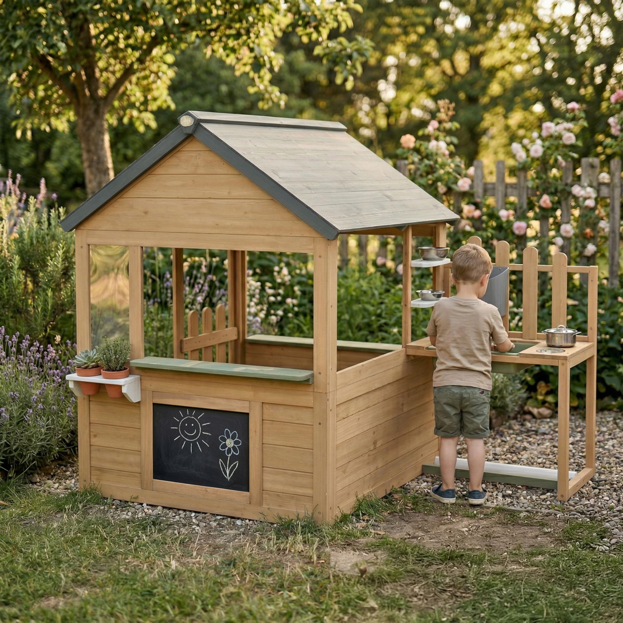 AXI Lizz Casetta per bambini in legno Marrone/Antracite con cucina giocattolo integrata