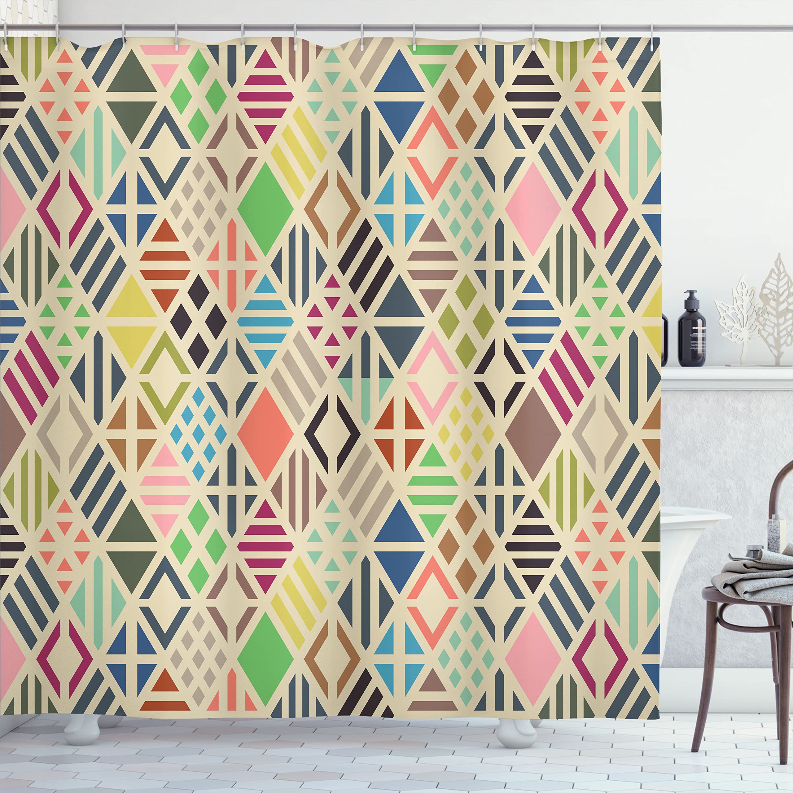 Ambesonne Geometric Shower Curtain, Vintage Rhombuses Rhomb Pattern Old Times Periodic Style Stripes Continuity Art, Cloth Fabric Bathroom Decor Set