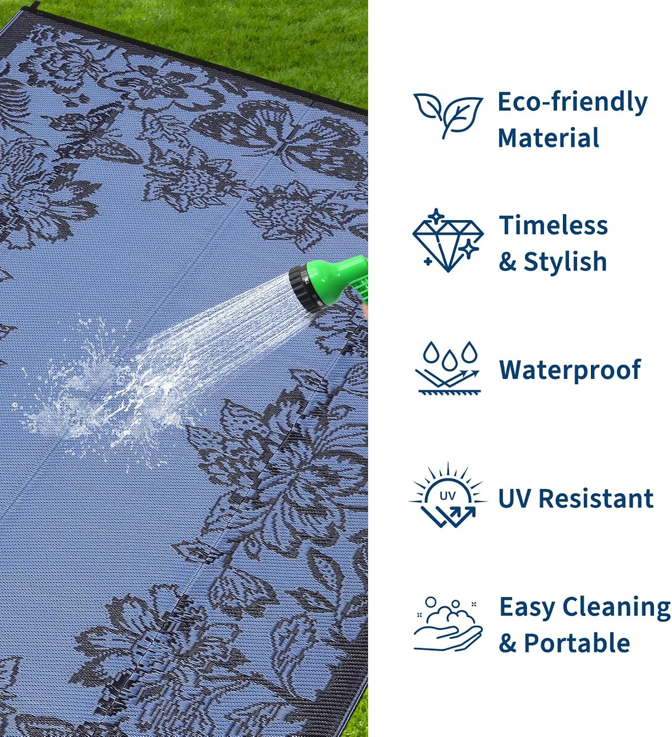 GarveeHome Outdoor Rug 8x10 Patio Waterproof, Reversible Plastic Straw Rugs for Camping, Picnic, Balcony, Porch, RV, Easy-Clean & Quick Dry Floral Pattern Large Indoor Outdoor Carpet, Dark Purple