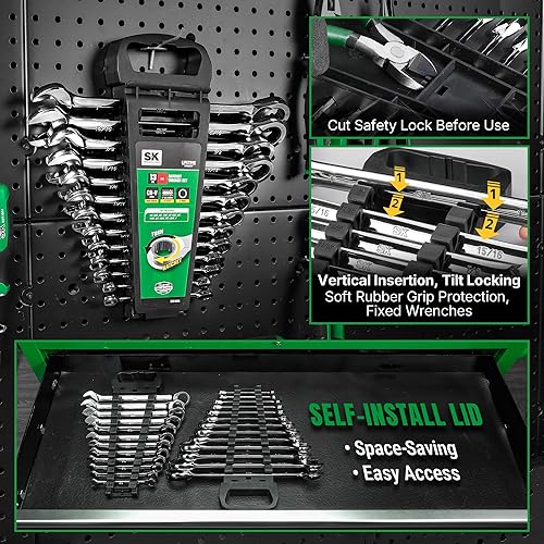 Miniatura 7 de SK Juego de llaves de trinquete, juego de llaves combinadas, 13 piezas, SAE de 14 a 1 pulgada, 72 dientes, construcción CR-V premium, con