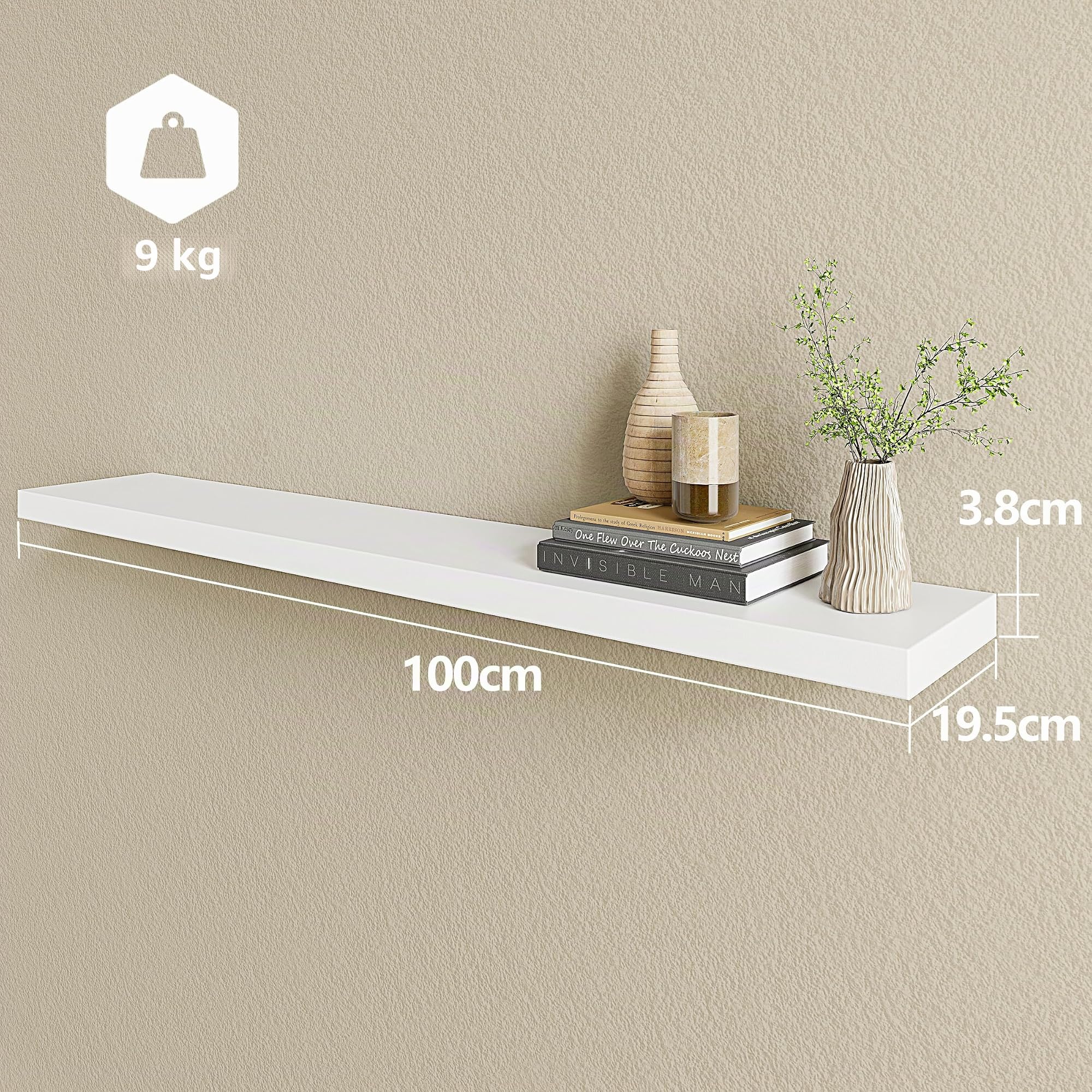 BAMEOS Mensole sospese bianche 100x19,5 cm, mensole in legno da parete con clip invisibili, set da due pezzi