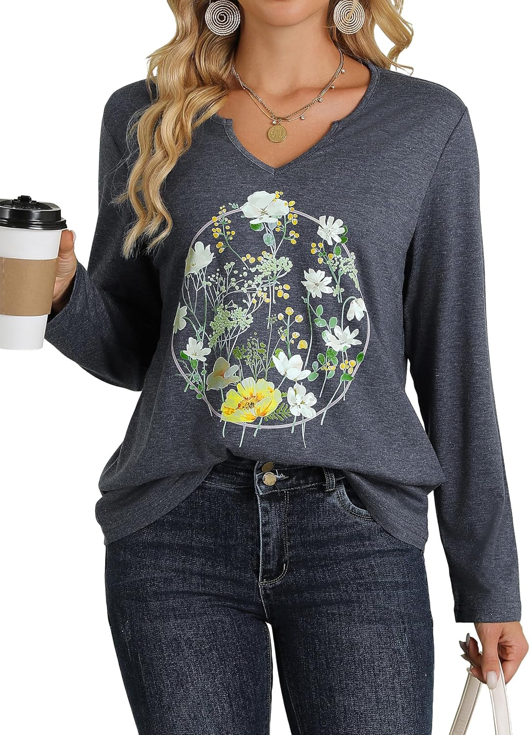 Womens Vintage Floral V Neck Shirts Boho Wildflowers Graphic Long Sleeve T-Shirts Cute Loose Casual Tee Tops - Image 3