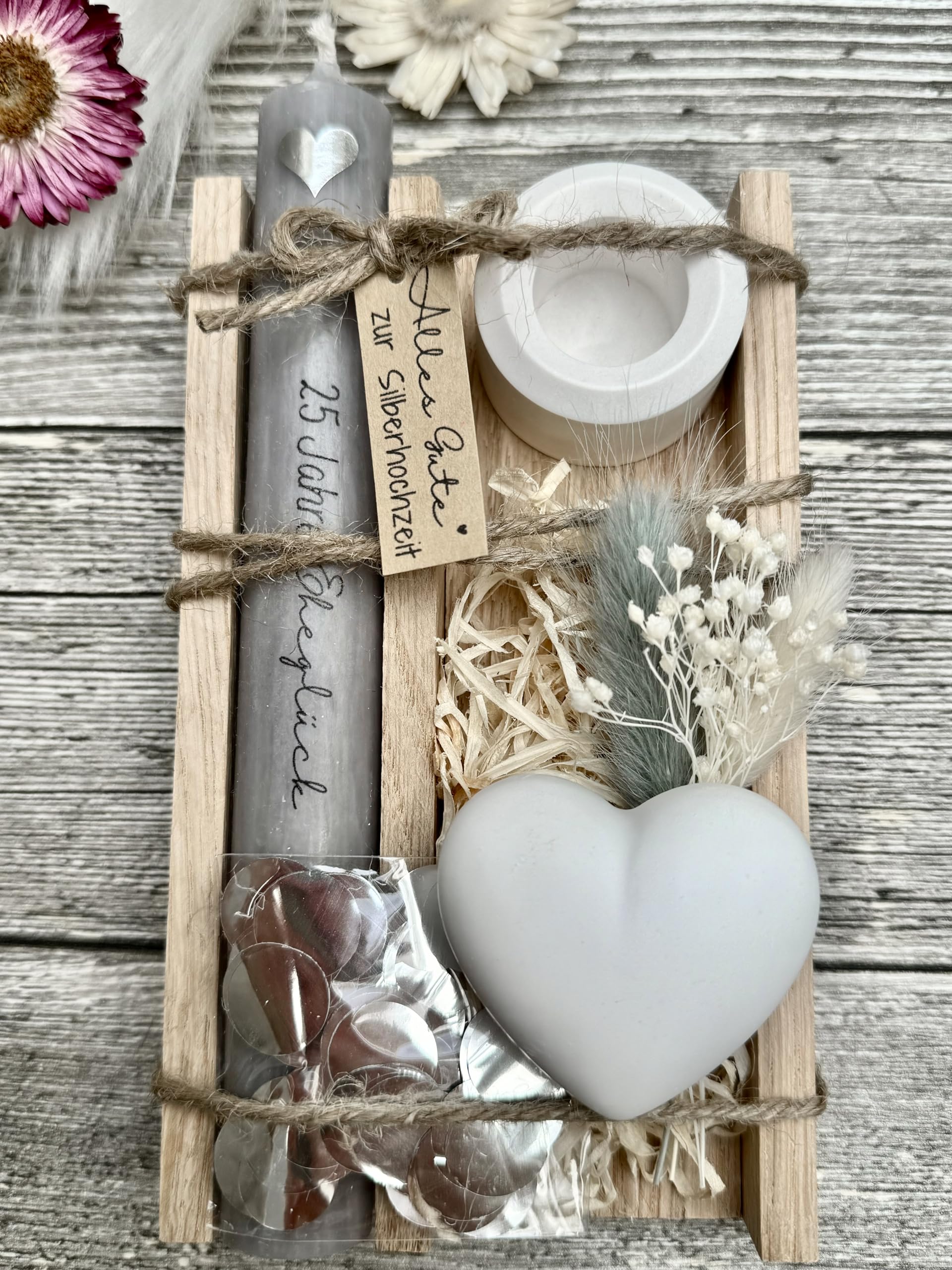 Silberhochzeit Geschenk - 25 Jahre Eheglück - Geldgeschenk - liebevolle Silberhochzeit Geschenkideen - Silberne Hochzeit - Trockenblumen - Holzbox mit Kerze