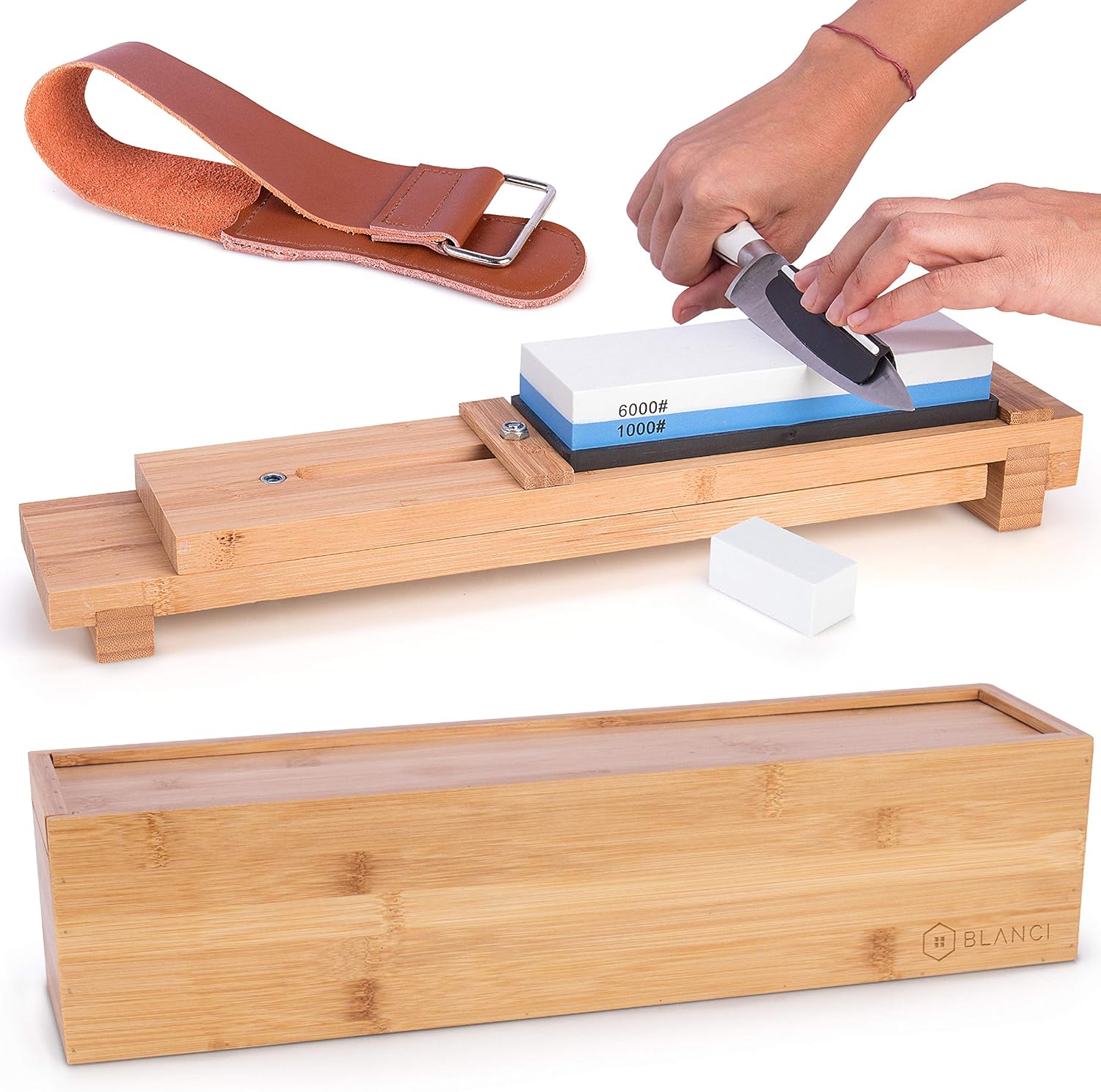 BLANCI Knife Sharpening Stone - Whetstone Sharpening Kit 1000/6000 Grit, Sink Bridge, Storage Box, Honing Stone, Leather Strop, Knife Angle Guide and Non-Slip Bamboo Sharpening Stone Holder