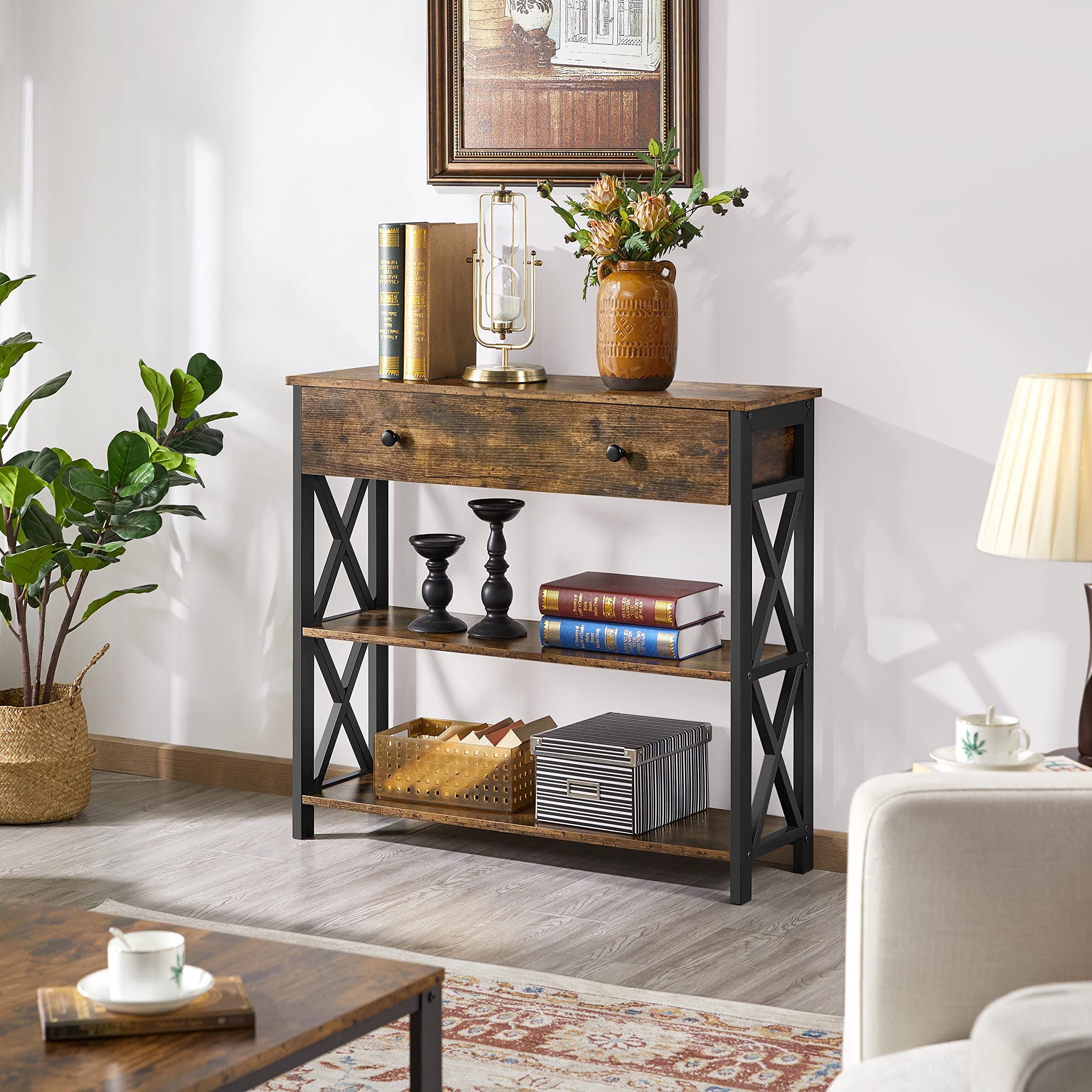 Yaheetech Konsolentisch Flurtisch Schmaler Eingangtisch mit 1 Schublade und 2 Offene Ablagen Industrial Beistelltisch Vintage Sofatisch Sideboard Wohnzimmer/Flur/Eingang – Bild 7