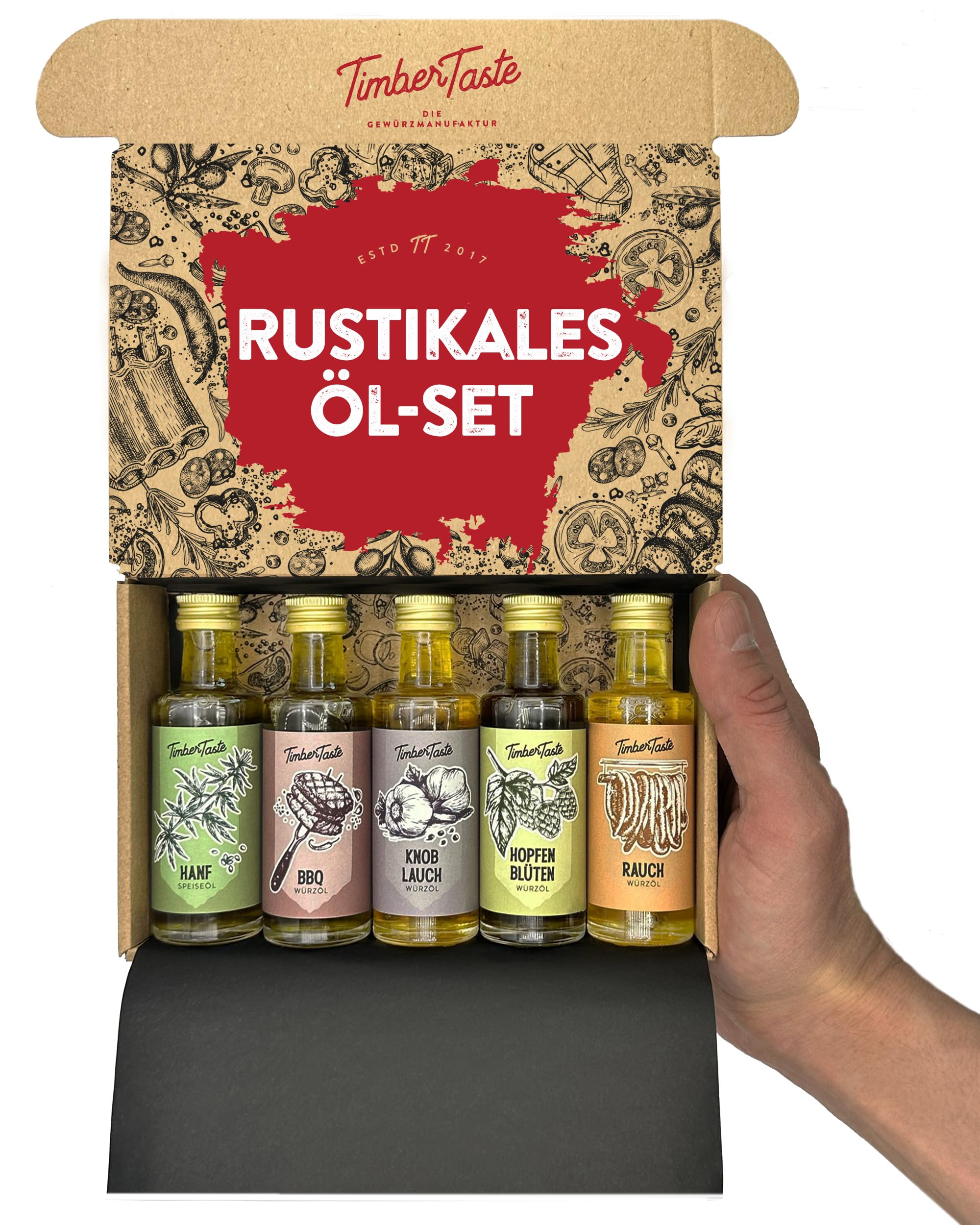 TIMBER TASTE® Öl Geschenkset [Rustikal] - 5 erlesene Speiseöle [5x40ml] - Öle Gewürze Geschenk Set - Kochbox Koch Set - Geschenkbox zum Geburtstag