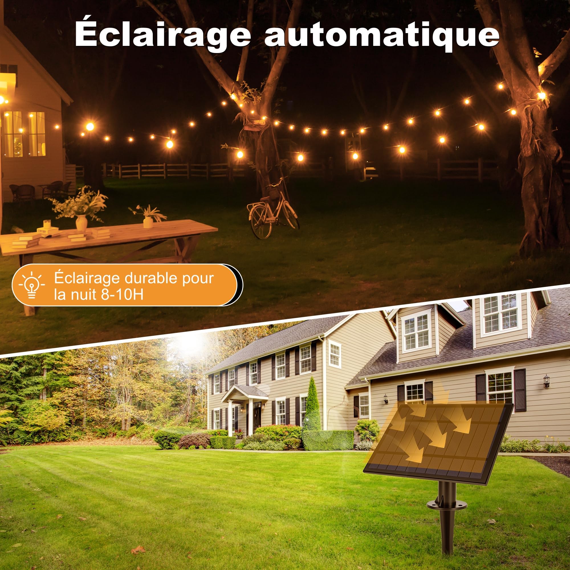 HeiPard LED Guirlande Solaire Exterieur 15m 25+2 G40 Ampoules, Guirlandes Lumineuses Blanc Chaud, 3 Modes, Étanchéité IP45, Décoration, FêTe, Patio, Jardin, Camping