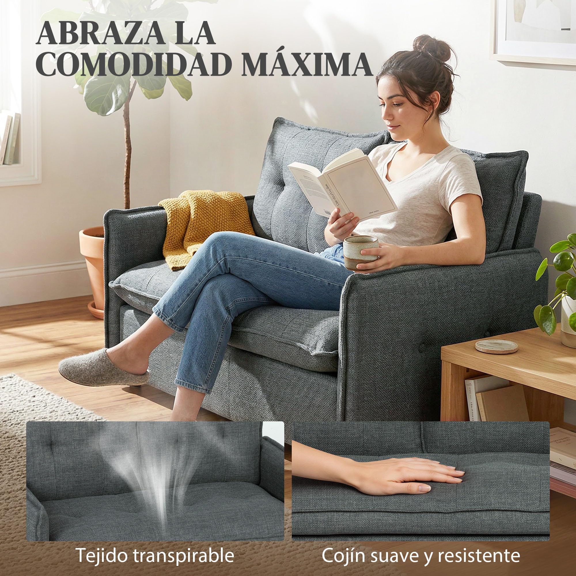 HOMCOM Sofá de 2 Plazas, Tapizado en Lino, Sofá Moderno con Acolchado Grueso, Diseño Capitoné, para Espacios Pequeños, Salón, Dormitorio, Oficina, Sala de Estar, 131x75x85 cm, Gris Oscuro