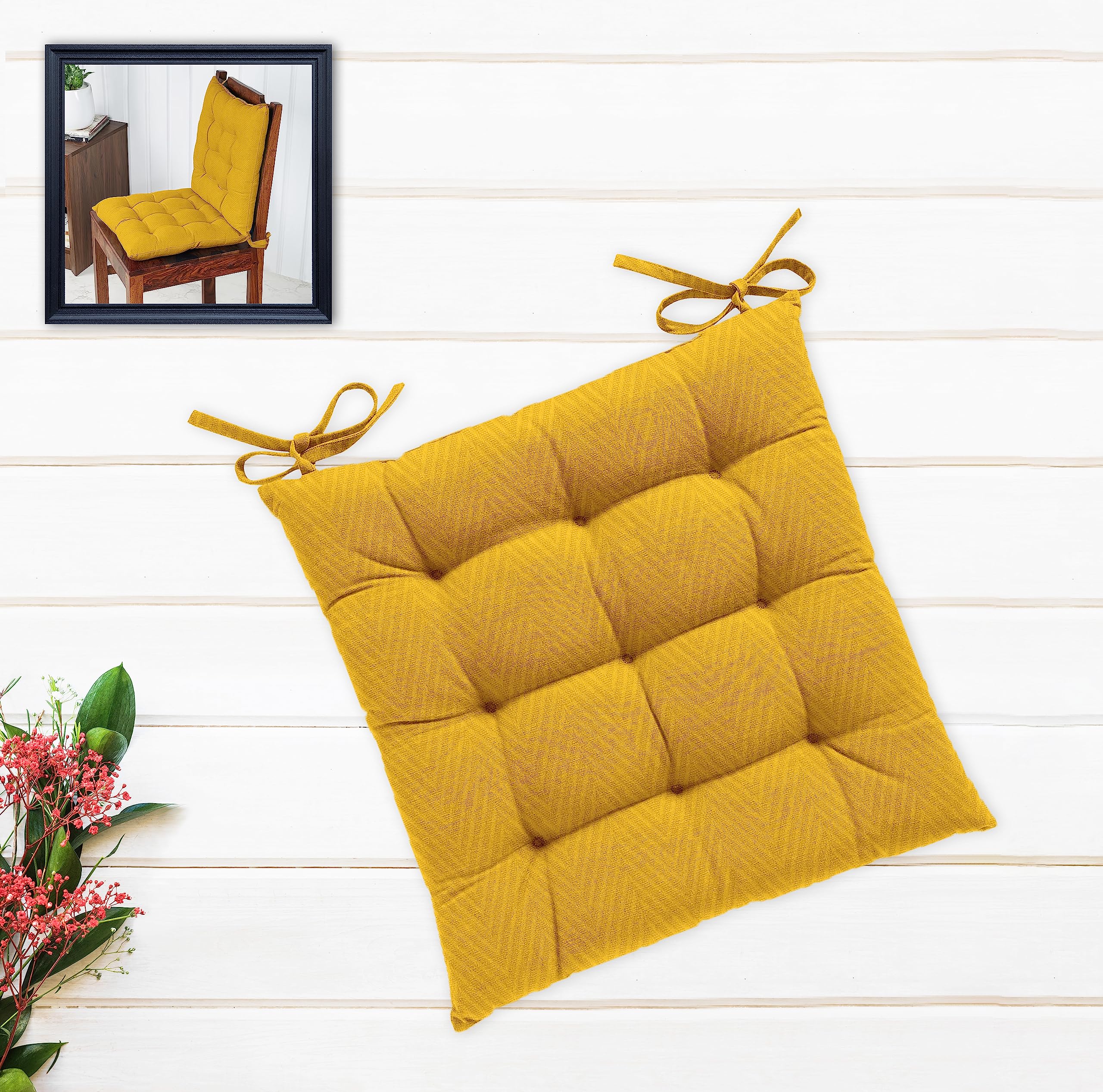 Oasis Home Collection Cotton Shell | Mixfiber Filled |Multipurpose Chair Cushion/Pad with Ties - Pack of 1 (40x40CM - 16"x16", Yellow)-picture-17