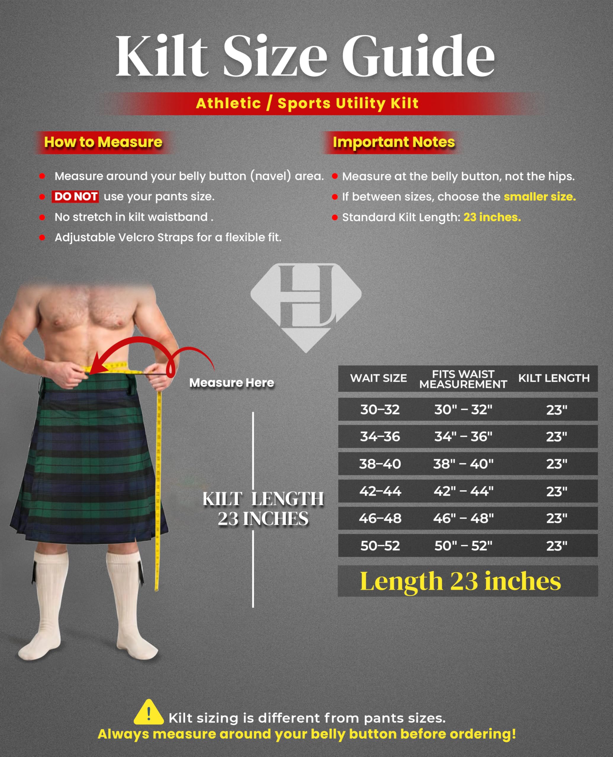 Sport-Kilt für Herren – Schottisches Schottenkaro, athletischer Kilt aus Polyviskose, Klettverschluss, Herren-Kilt mit kostenlosen Blitzen