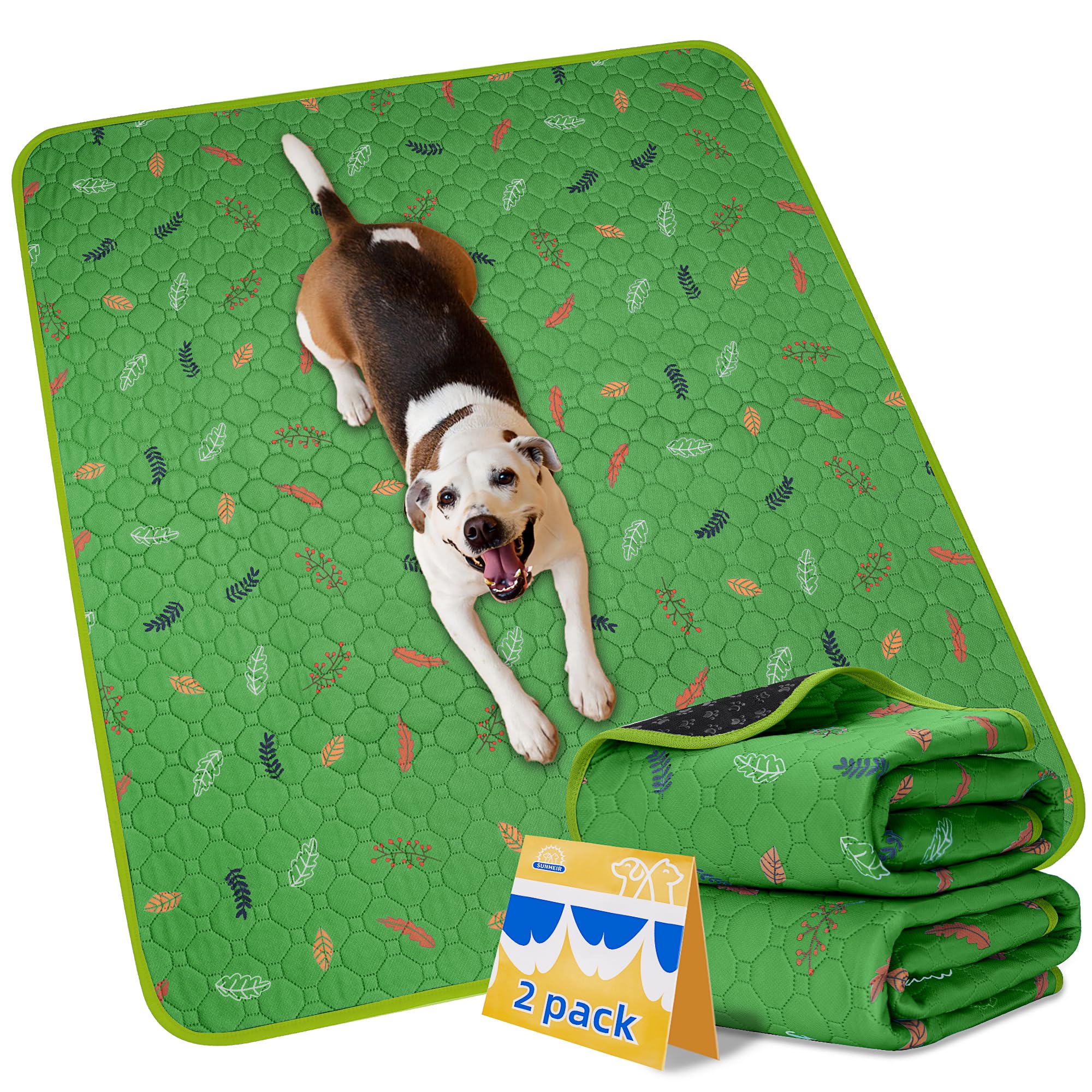 Sunheir Washable Pee Pads for Dogs 2-Pack Reusable Puppy Pads Pet Training Pads, Waterproof Dog Pee Pads for Crate, Whelping Pad, Non-Slip Protects Against Urine Leakage (Leaves - Green, 24x36)