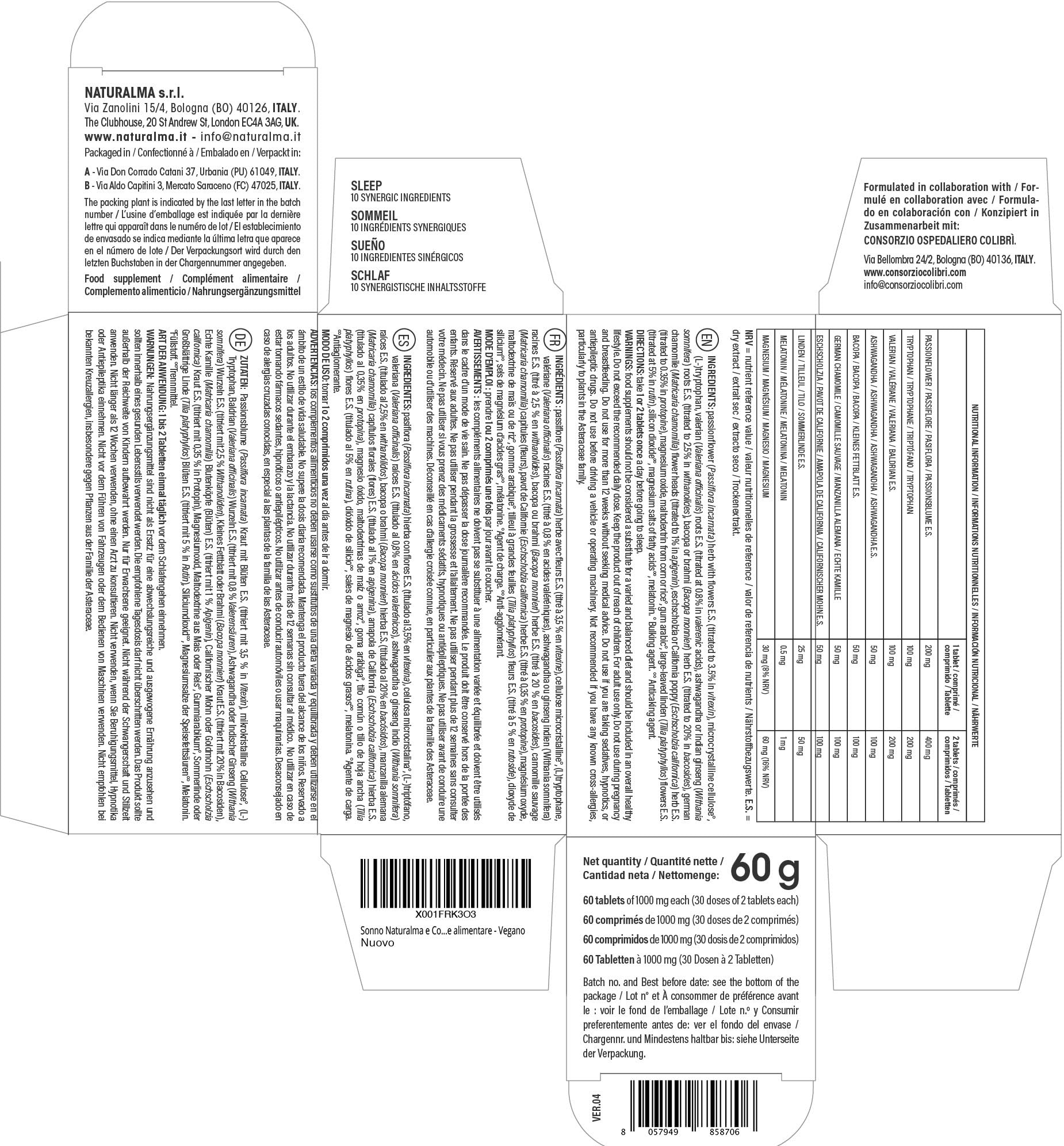 Sonno Naturalma e Consorzio Colibrì 60 compresse da 1000mg - Melatonina, Magnesio, Passiflora, Valeriana, Ashwagandha, Bacopa, Camomilla, Escolzia e Tiglio - Integratore alimentare - Vegano