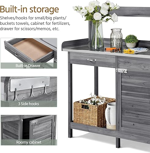 Miniatura 6 de Topeakmart Banco para macetas de jardín, estación de trabajo de madera, mesa para macetas de madera al aire libre, estante superior, estante