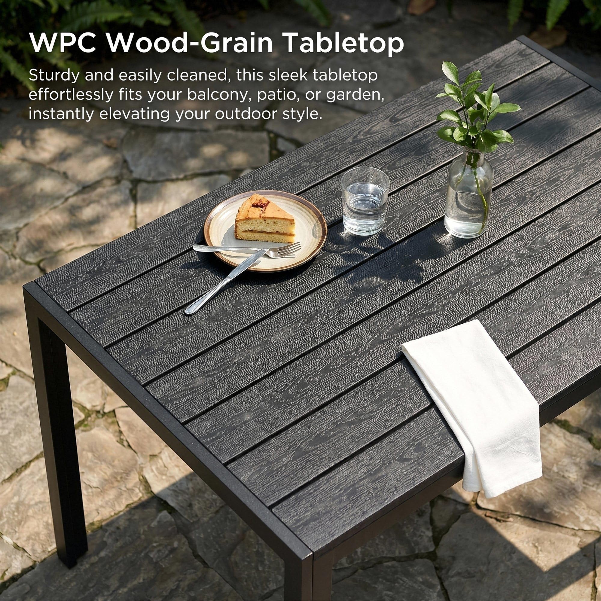 LIFERUN Gartentisch Wetterfest 110x70 cm WPC, Balkontisch Aluminium | Rechteckiger Terrassentisch, Rutschfester Esstisch Garten für 4-6 Personen, Brettbreite 9cm, Schwarz