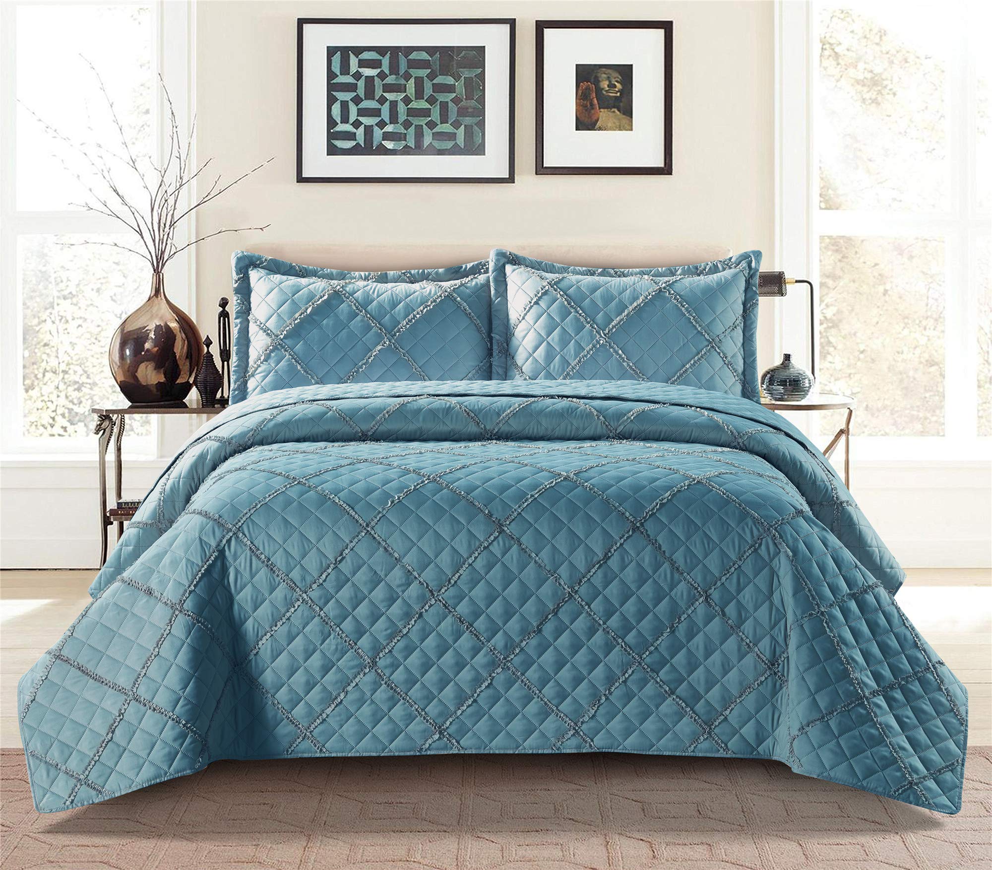 PRIME LINENS Quilted Bedspread Embossed Pattern Comforter Coverlet Bedding Set Bed Throw With 2 Pillow Shams (Ruffle Blue, Double)