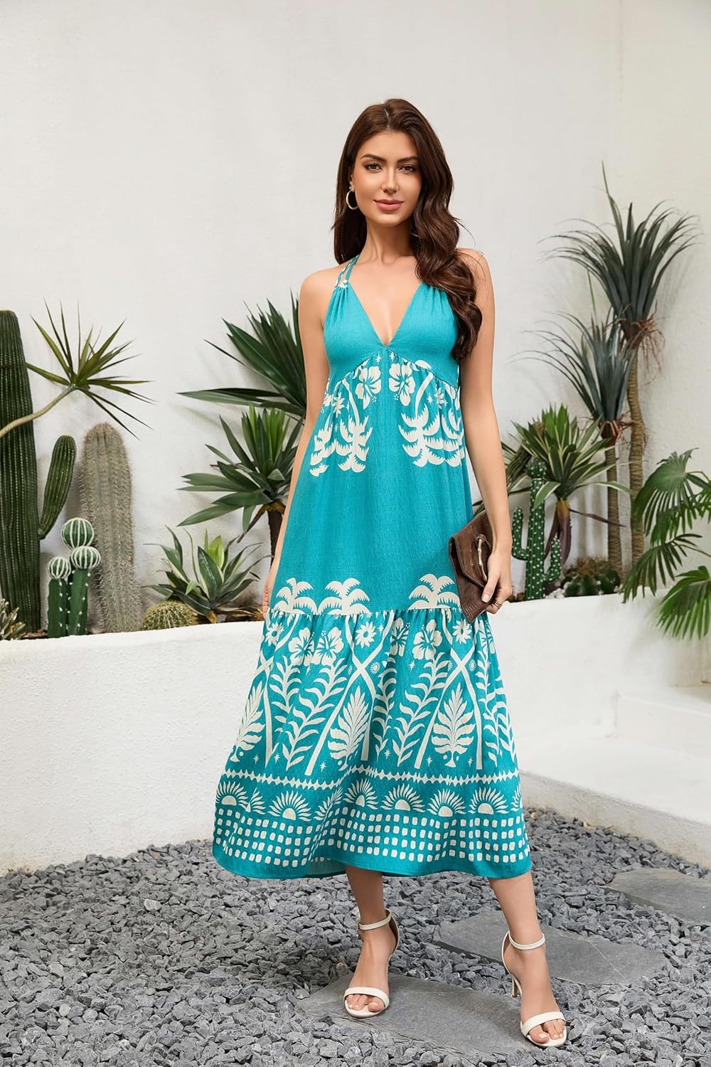 Women's Floral Dress Summer Backless Maxi Dresses Boho Deep V Halter Neck A line Dresses - Image 6