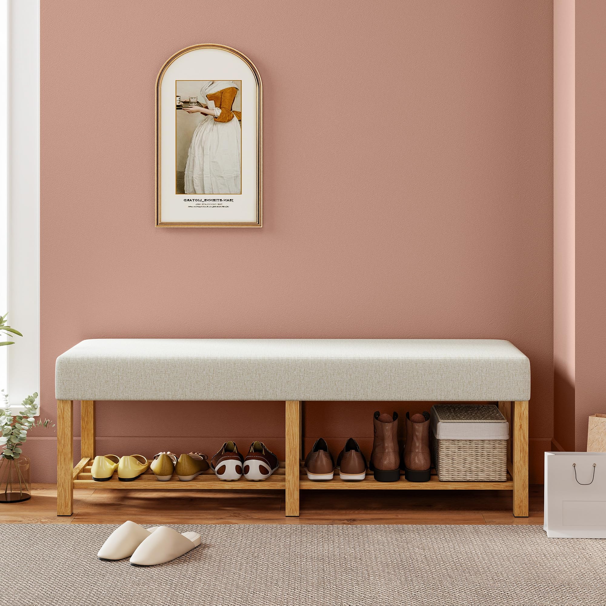 HOMCOM Banco Zapatero Banco Recibidor 140x44x48 cm Crema y Madera Natural | Asiento Acolchado para 2 Personas, Estante Abierto, Marco de Madera, para Entrada Pasillo Salón