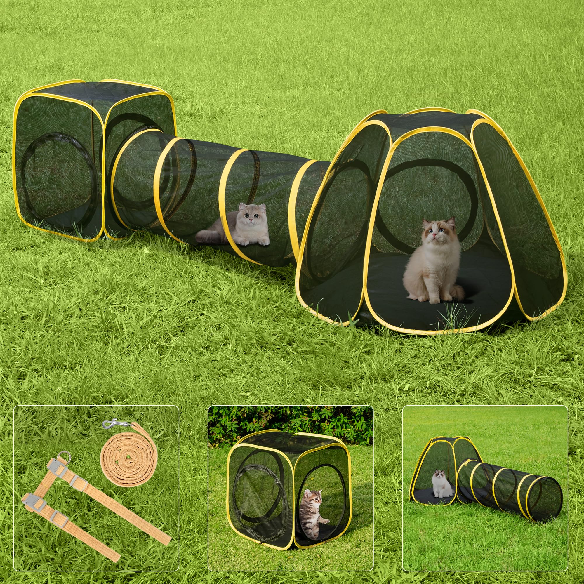 VIVOHOME 3-in-1 Portable Catio Outdoor Enclosure with Tent, Tunnel &amp; Playhouse - Multi-Pet Safety Design for Cats Dogs Rabbits, Includes 5-Door, Leash, Mint Ball (Yard Balcony Camping)