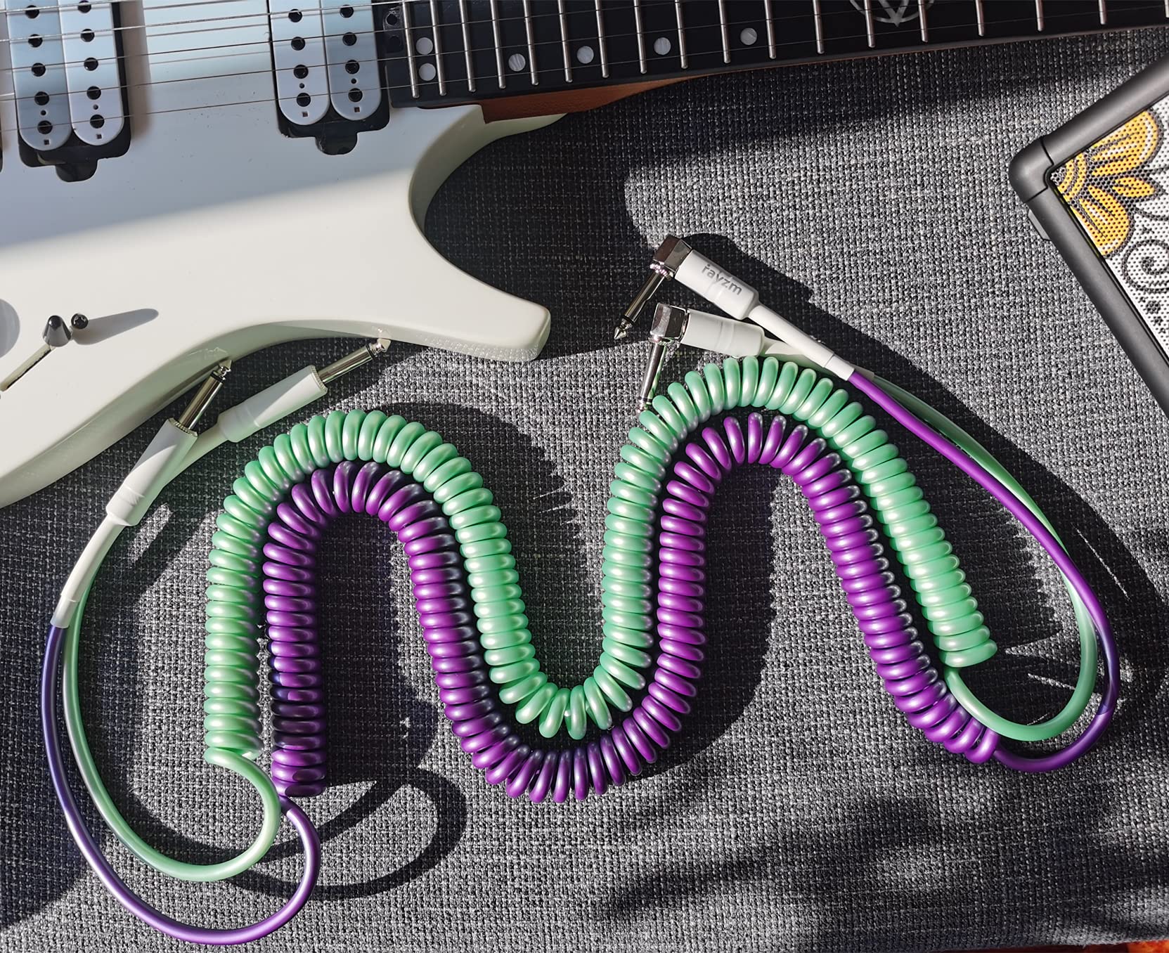 Rayzm Cavo Jack a Spirale per Strumenti, 2 metri di Cavo per Chitarra/Basso. 6,35 mm da angolo retto a dritto cavo per chitarra