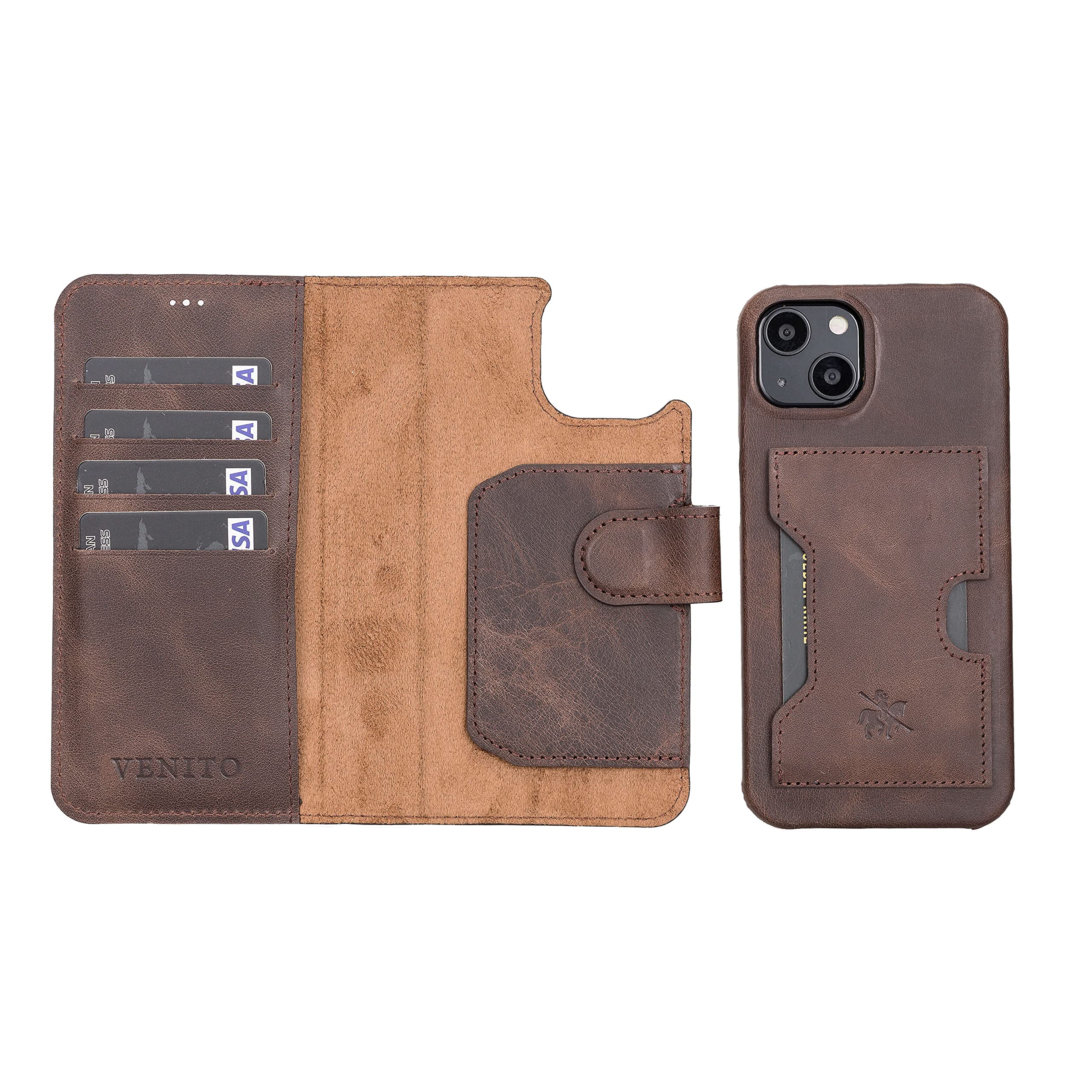 Venito Florence Étui portefeuille en cuir pour iPhone 13 (6,1") – Extra sécurisé avec blocage RFID – Portefeuille détachable (marron café)