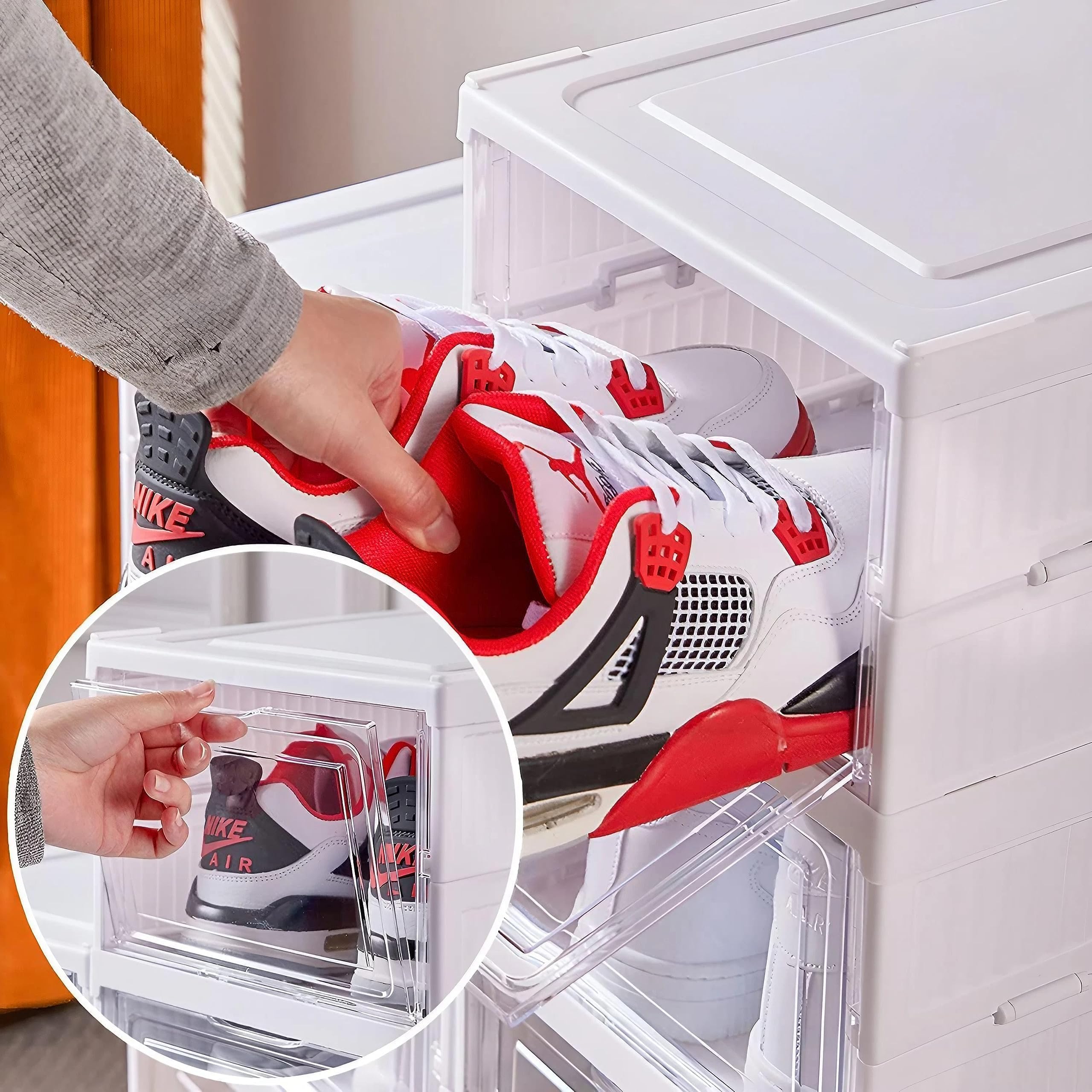 GUDEMAY Boîte à Chaussures Transparente avec Couvercle | Lot de 6 | Boîtes de Rangement pour Chaussures Empilable | Étagère à Chaussures Pliable | Ranger et Protéger Vos Chaussures | Blanc