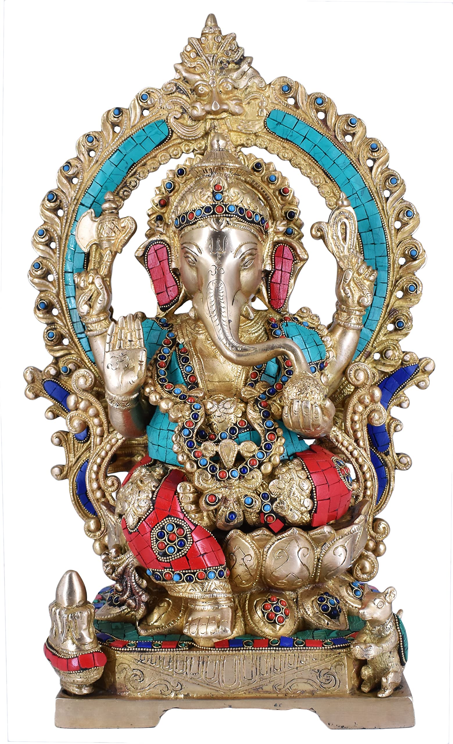 Whitewhale Lord Ganesh Murti Ganesha Idol Ganpati Brass Statue with Multicolor Stone Work for Home Decoration Showpiece