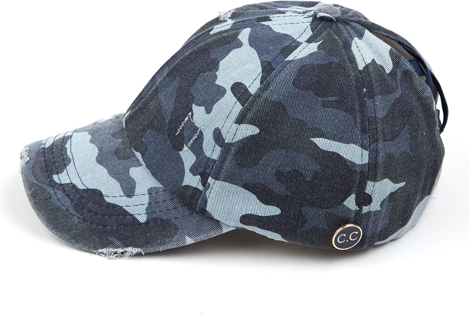 C.C Washed Denim Criss-Cross Ponytail Cap Epoxy Button for face mask (Face Mask not Included) (BT-799)