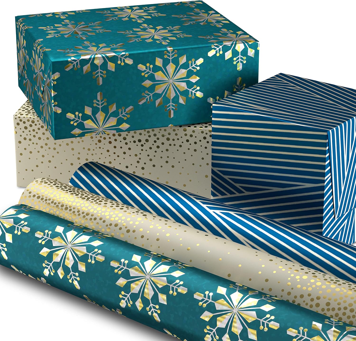 Hallmark Holographic Holiday Wrapping Paper with Cut Lines on Reverse (3 Rolls: 80 sq. ft. ttl) Winter Glow: Holographic Snowflakes, Navy Blue, Gold, Hanukkah, Christmas (0005JXW1060), Tri-Pack