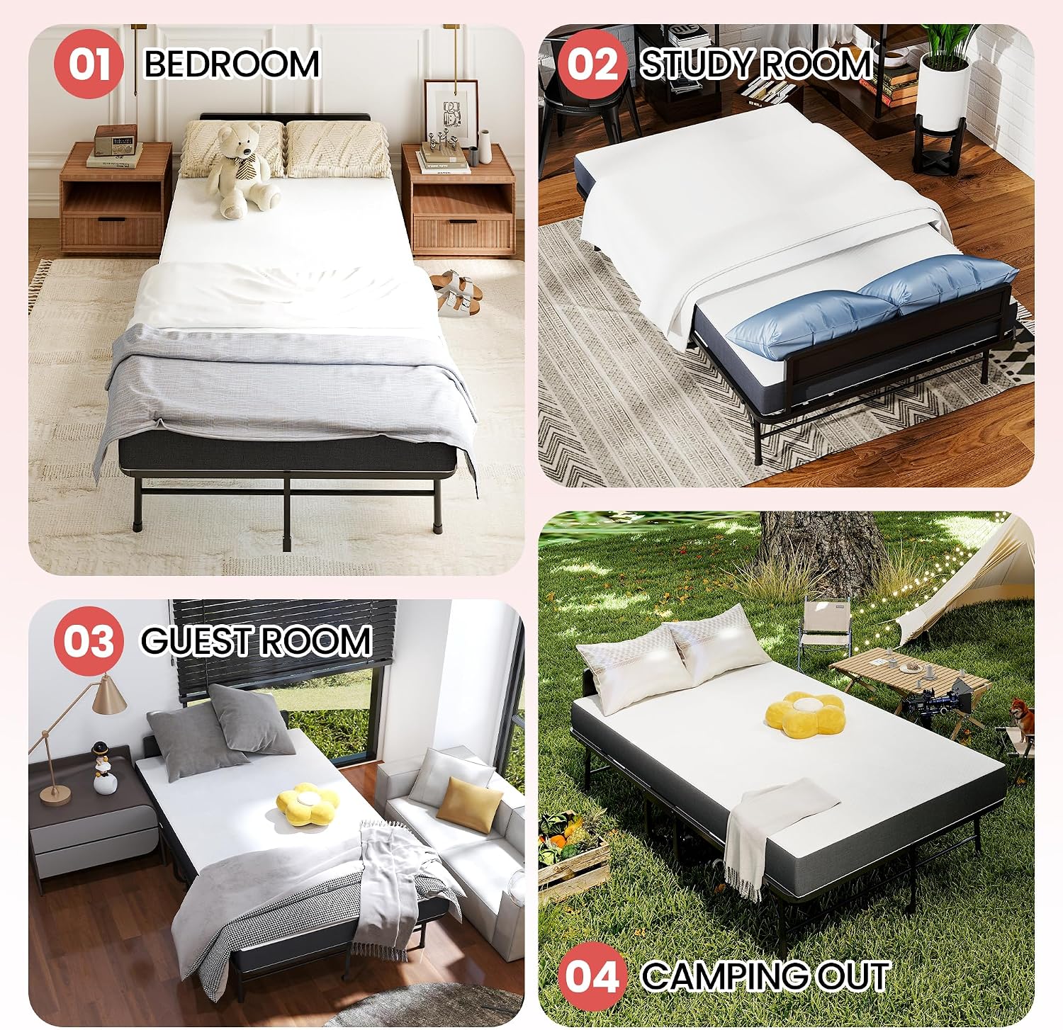 75"x46" Foldable Bed with Mattress and Headboard for Adults,Portable Roll Away Bed with Wheels,4.7" Thick Memory Foam Mattress Metal Bed Frame for Guest Hideaway Rollaway Beds