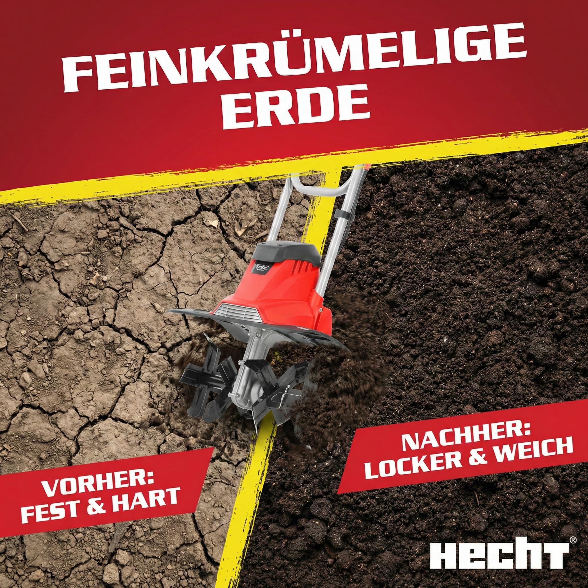 HECHT Gartenfräse Bodenhacke für einen schönen Garten – Perfekt zum auflockern und umgraben Ihrer Erde – Mit 36,5 cm Arbeitsbreite und leistungsstarken 1000 Watt Motor (Rot)